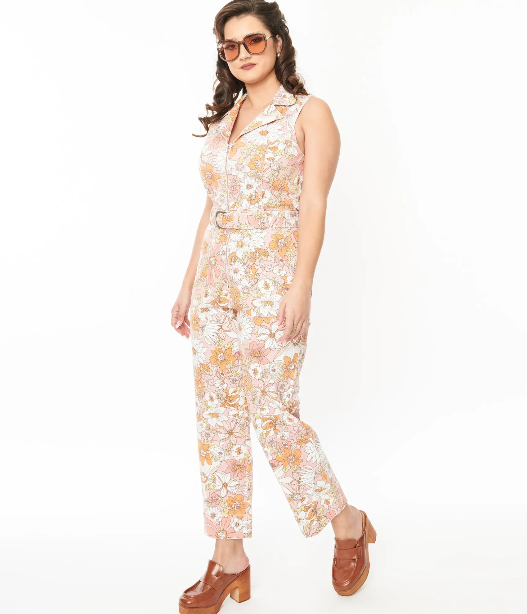 Unique Vintage Apricot Floral Belted Jumpsuit Fashion