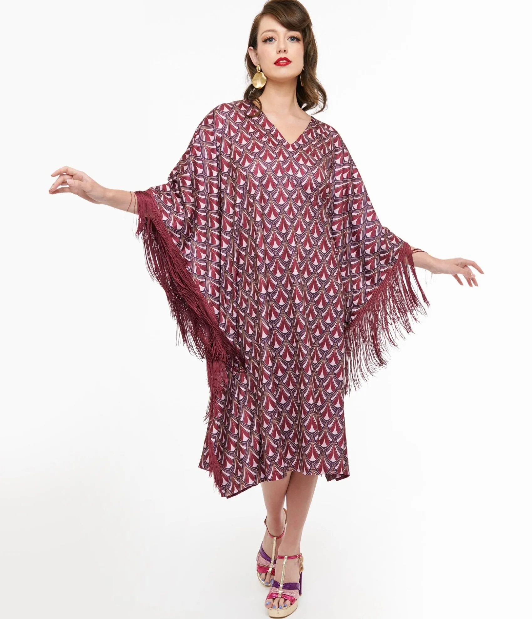 Unique Vintage Audrey K Purple Art Deco Fringe Love Is A Drug Caftan Cheap