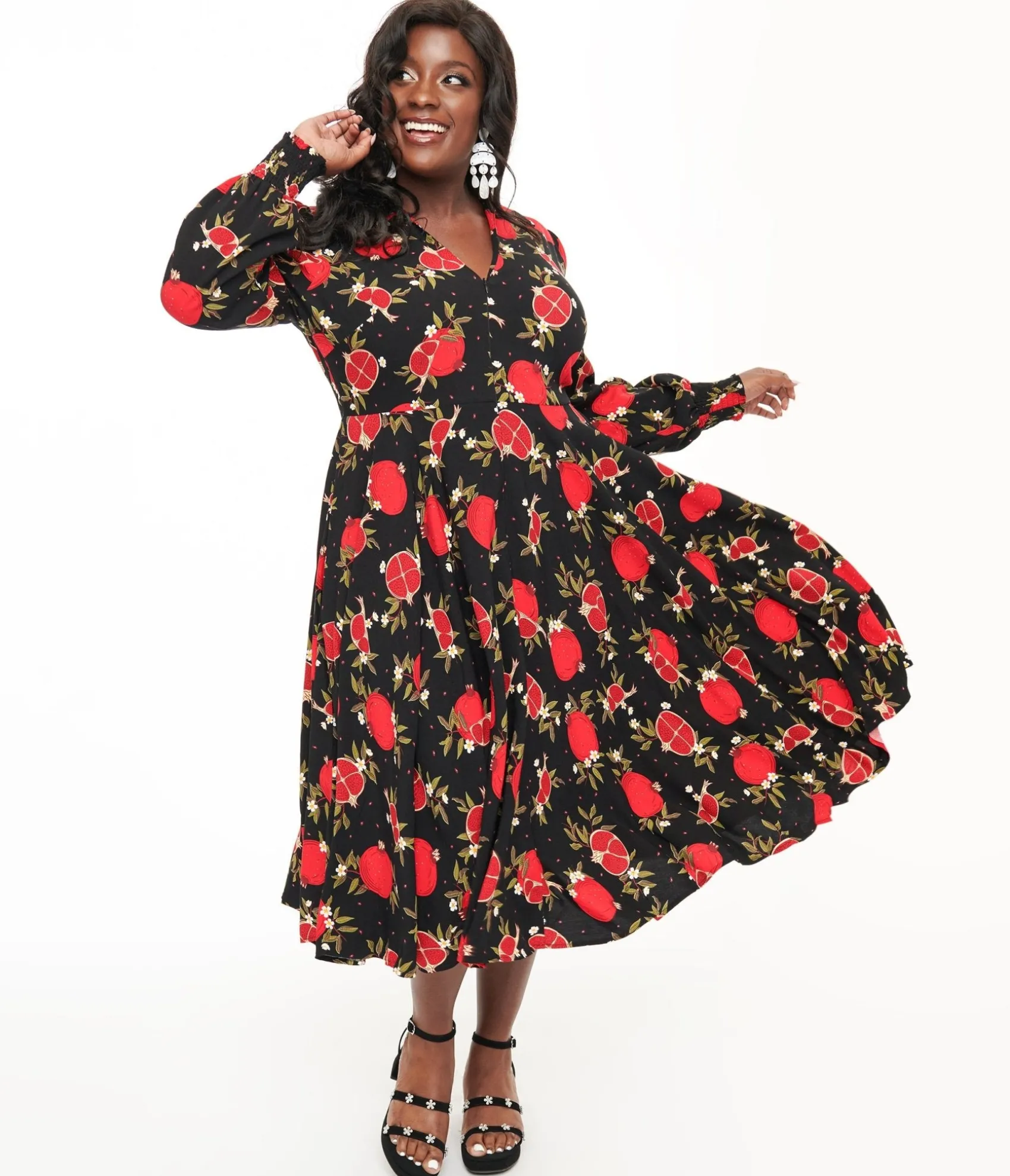Unique Vintage Banned Plus Size 1940s Black & Red Pomegranate Midi Dress Online