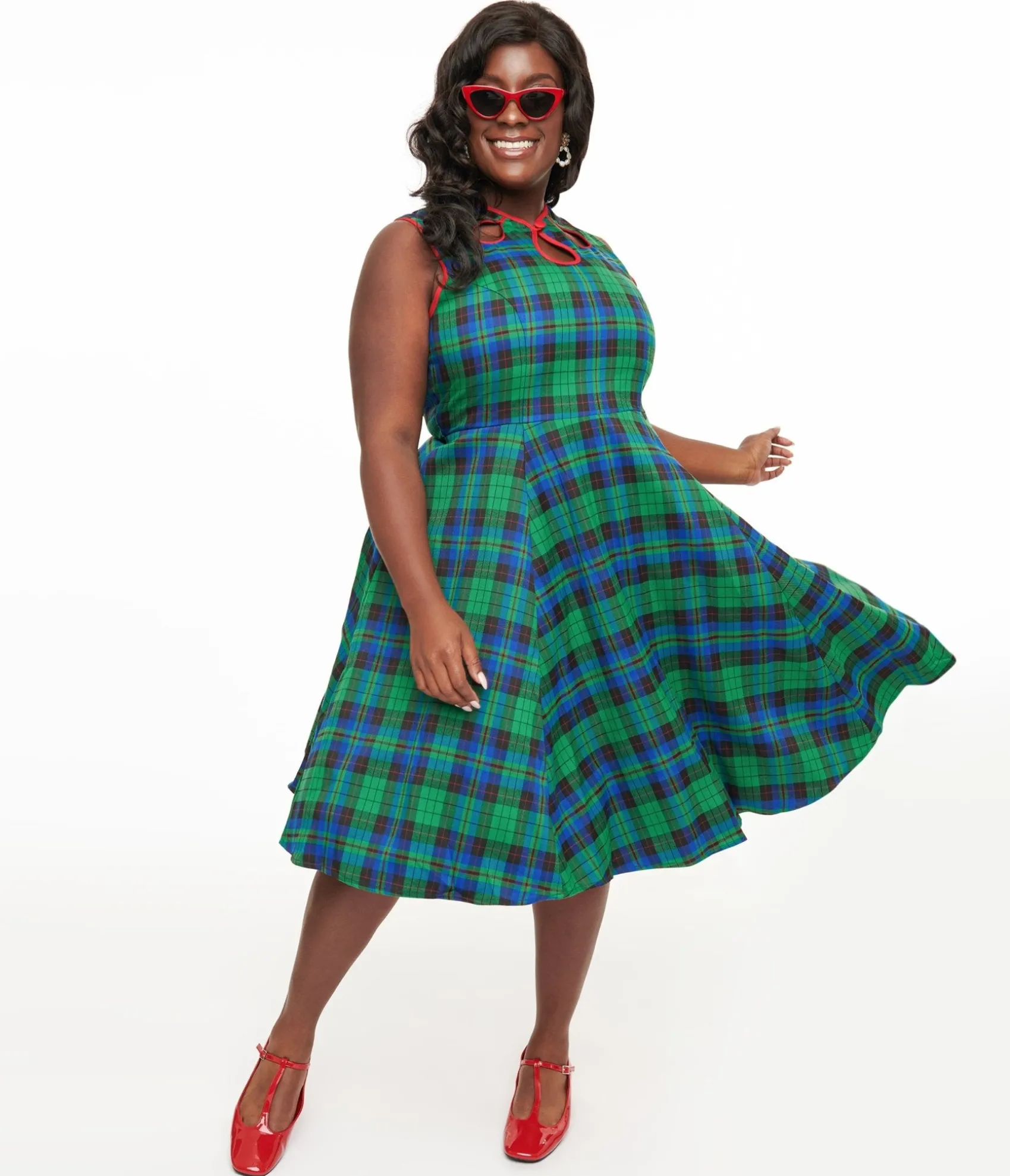 Unique Vintage Banned Plus Size 1950s Green & Blue Winter Check Swing Dress Shop