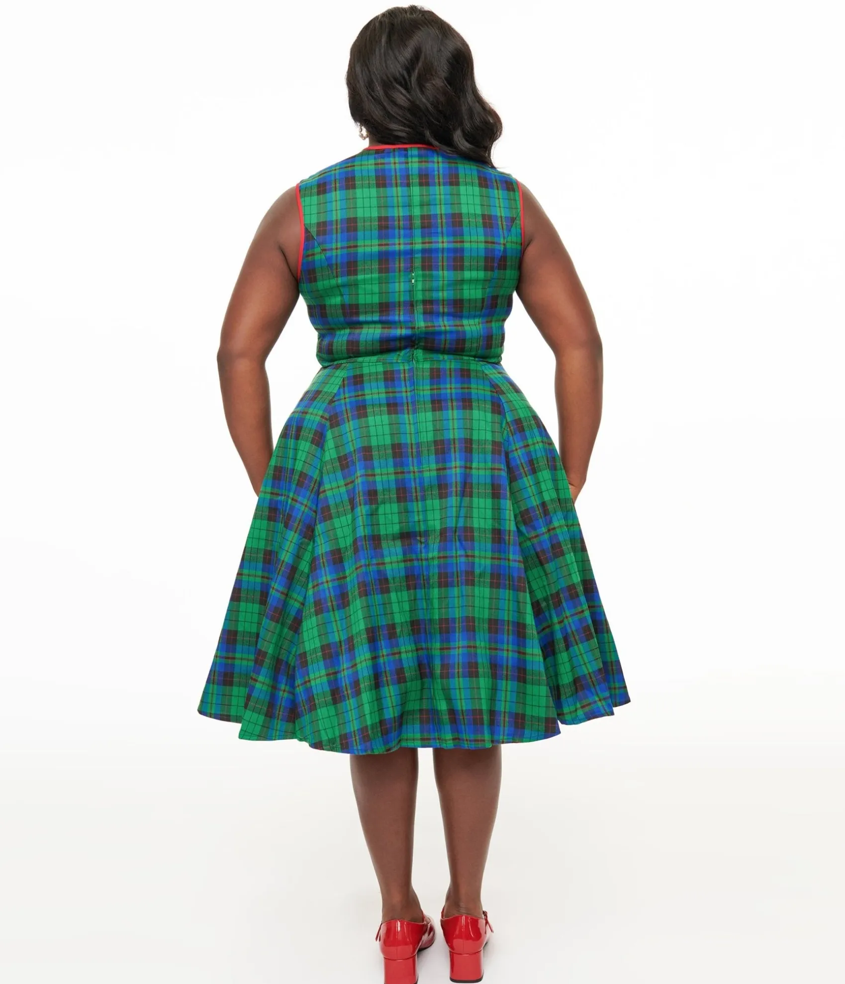 Unique Vintage Banned Plus Size 1950s Green & Blue Winter Check Swing Dress Shop