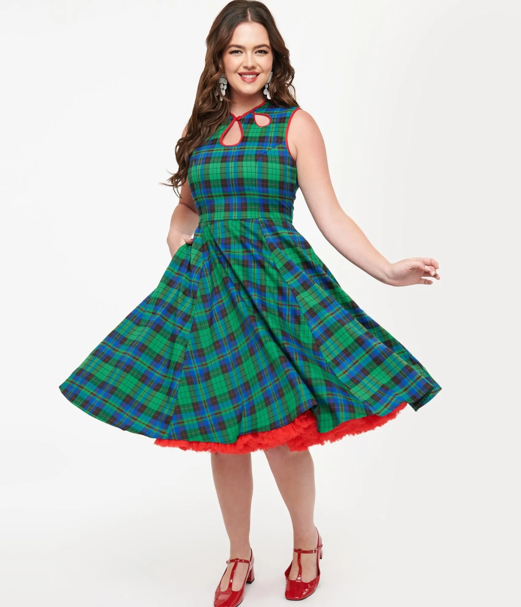 Unique Vintage Banned 1950s Green & Blue Winter Check Swing Dress Discount