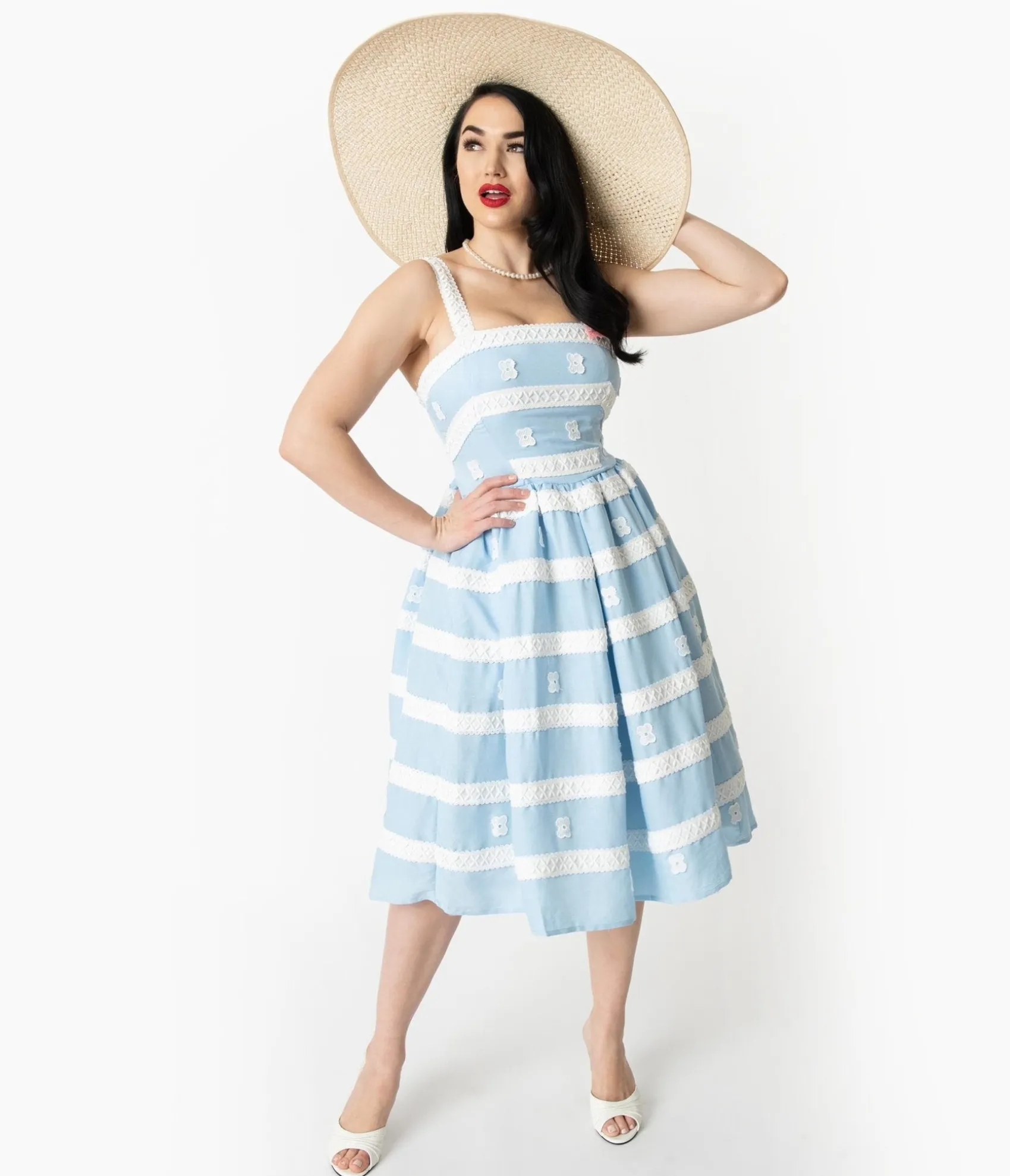 Unique Vintage Barbie™ x Blue & White Suburban Shopper Sundress Best Sale