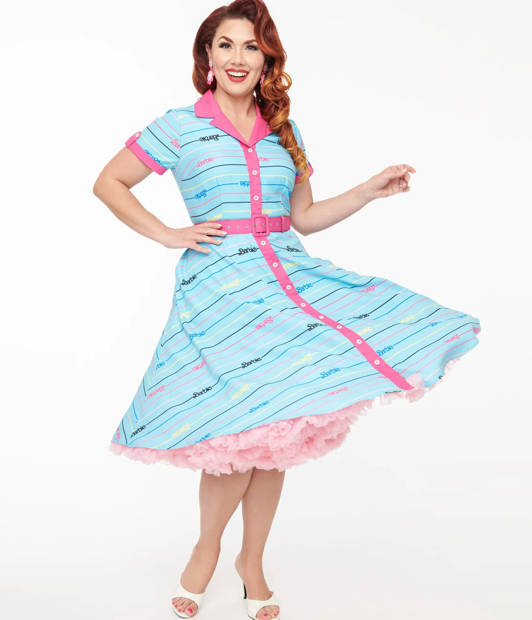 Unique Vintage Barbie x Blue Barbie Print Shirt Dress Clearance