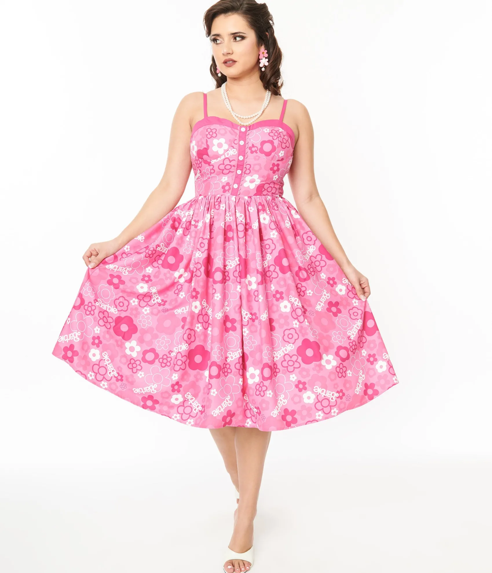 Unique Vintage Barbie x Pink Barbie Print Swing Dress Online