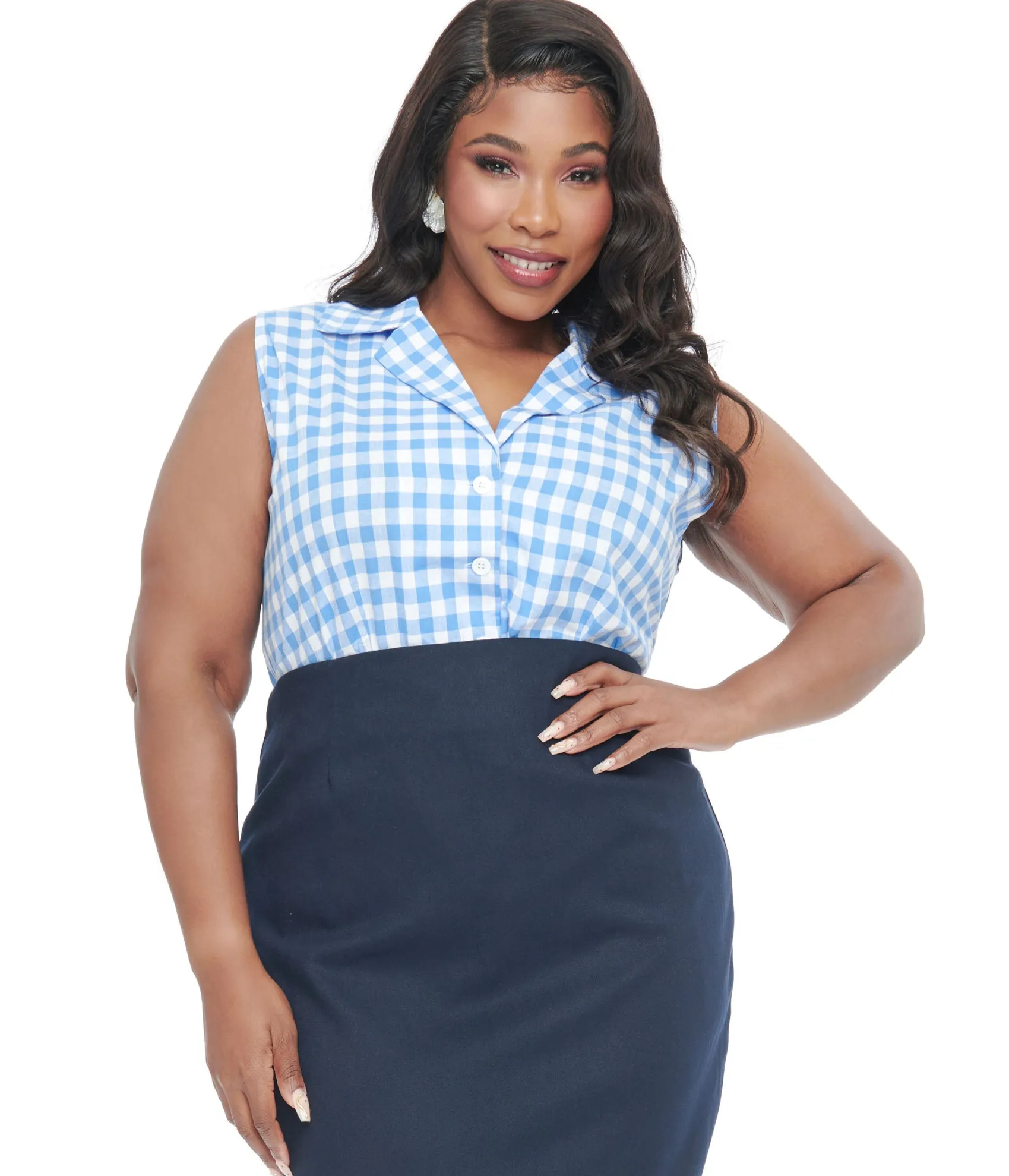 Unique Vintage Barbie x Plus Size 1950s Blue & White Gingham Commuter Set Collar Blouse Clearance
