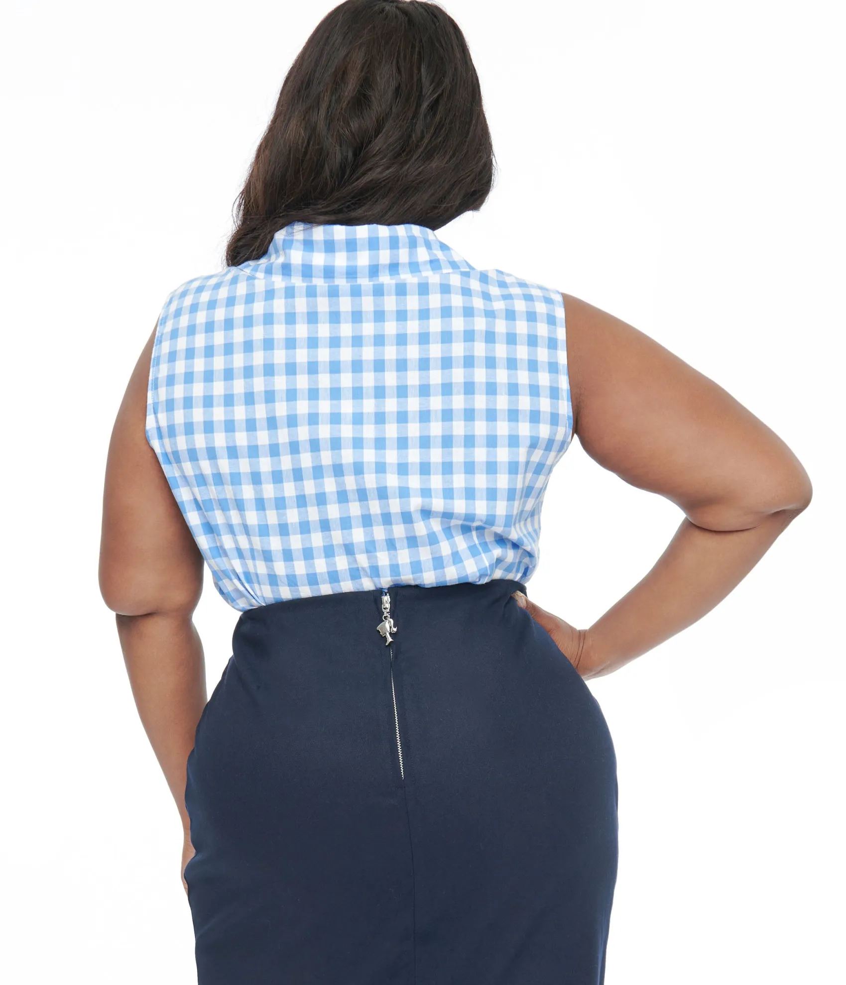 Unique Vintage Barbie x Plus Size 1950s Blue & White Gingham Commuter Set Collar Blouse Clearance