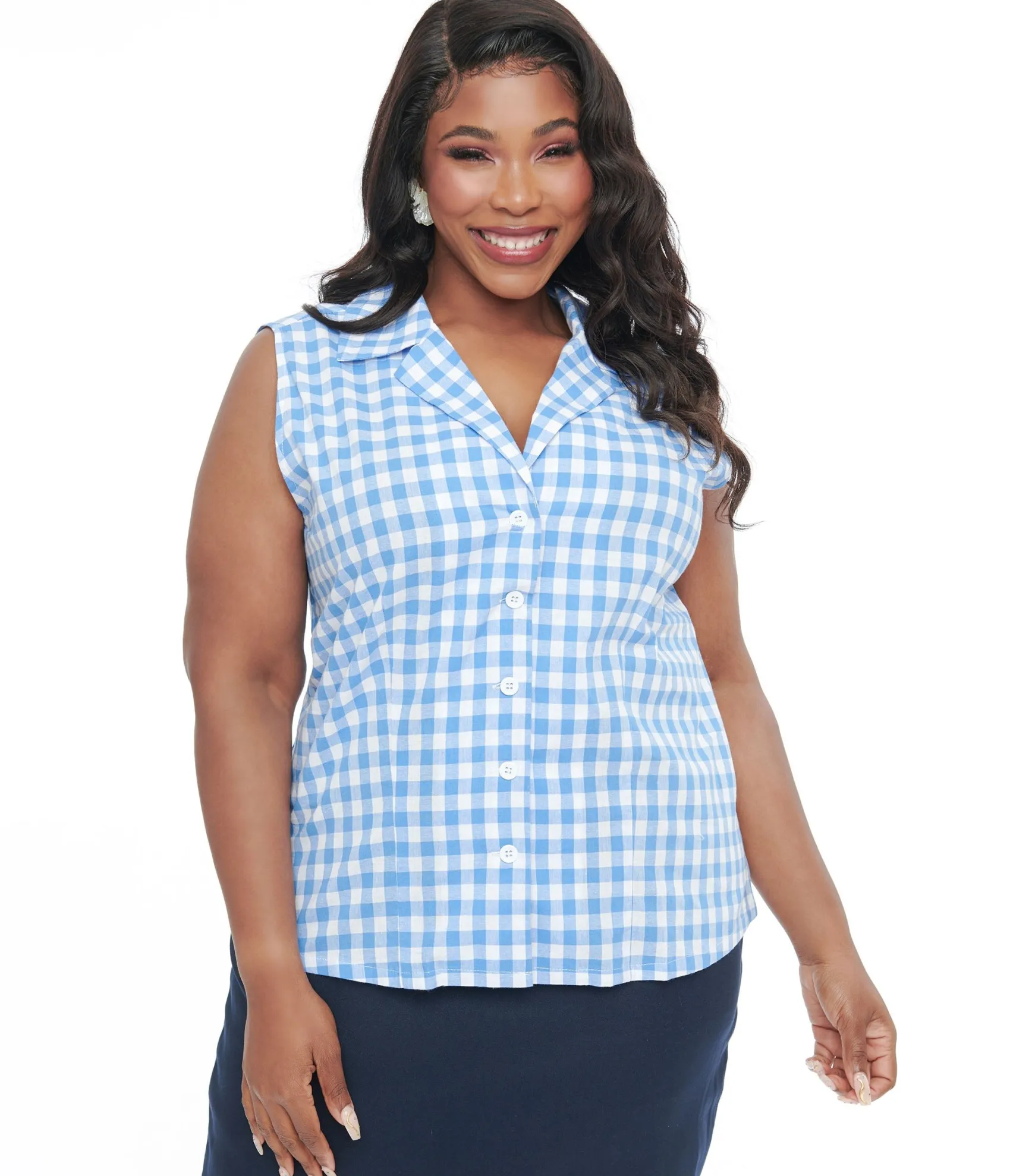 Unique Vintage Barbie x Plus Size 1950s Blue & White Gingham Commuter Set Collar Blouse Clearance