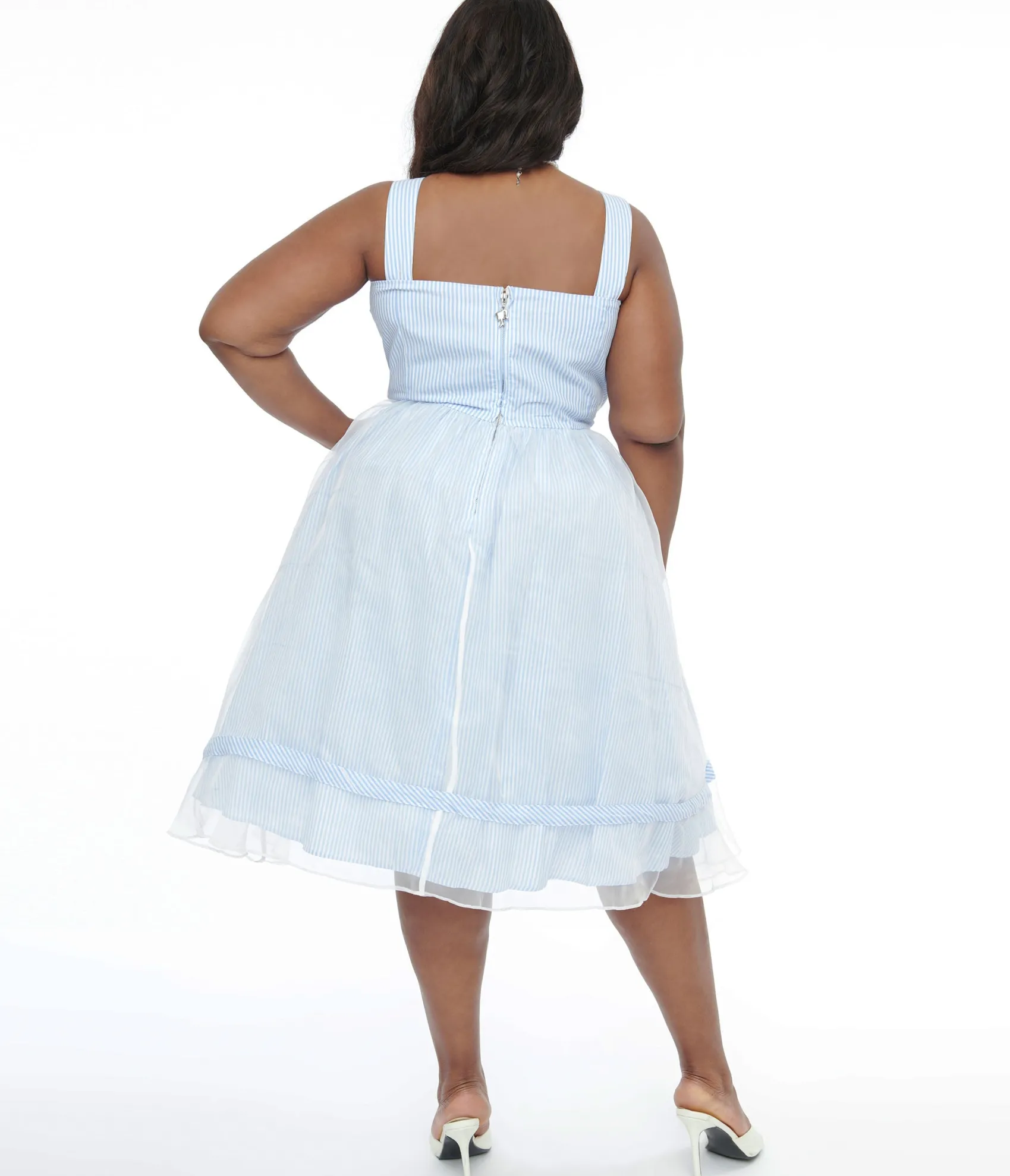 Unique Vintage Barbie x Plus Size 1960s Blue & White Stripe Movie Date Swing Dress Store