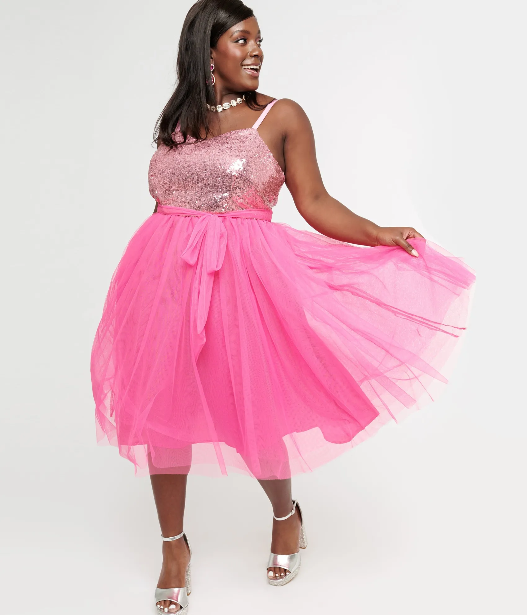Unique Vintage Barbie x Plus Size 1980s Pink Sequin Day To Night Swing Dress Shop