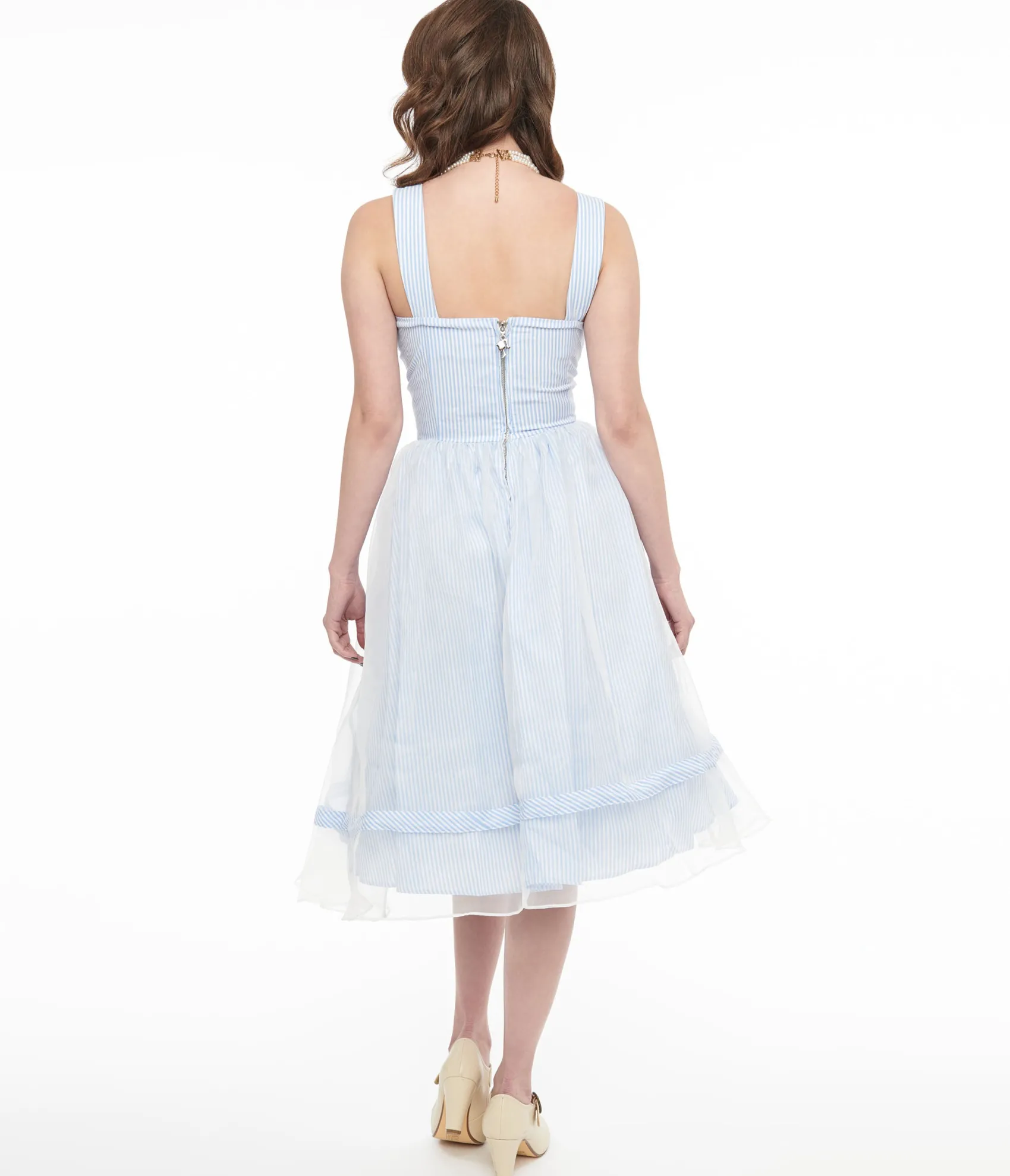 Unique Vintage Barbie x 1960s Blue & White Stripe Movie Date Swing Dress Clearance