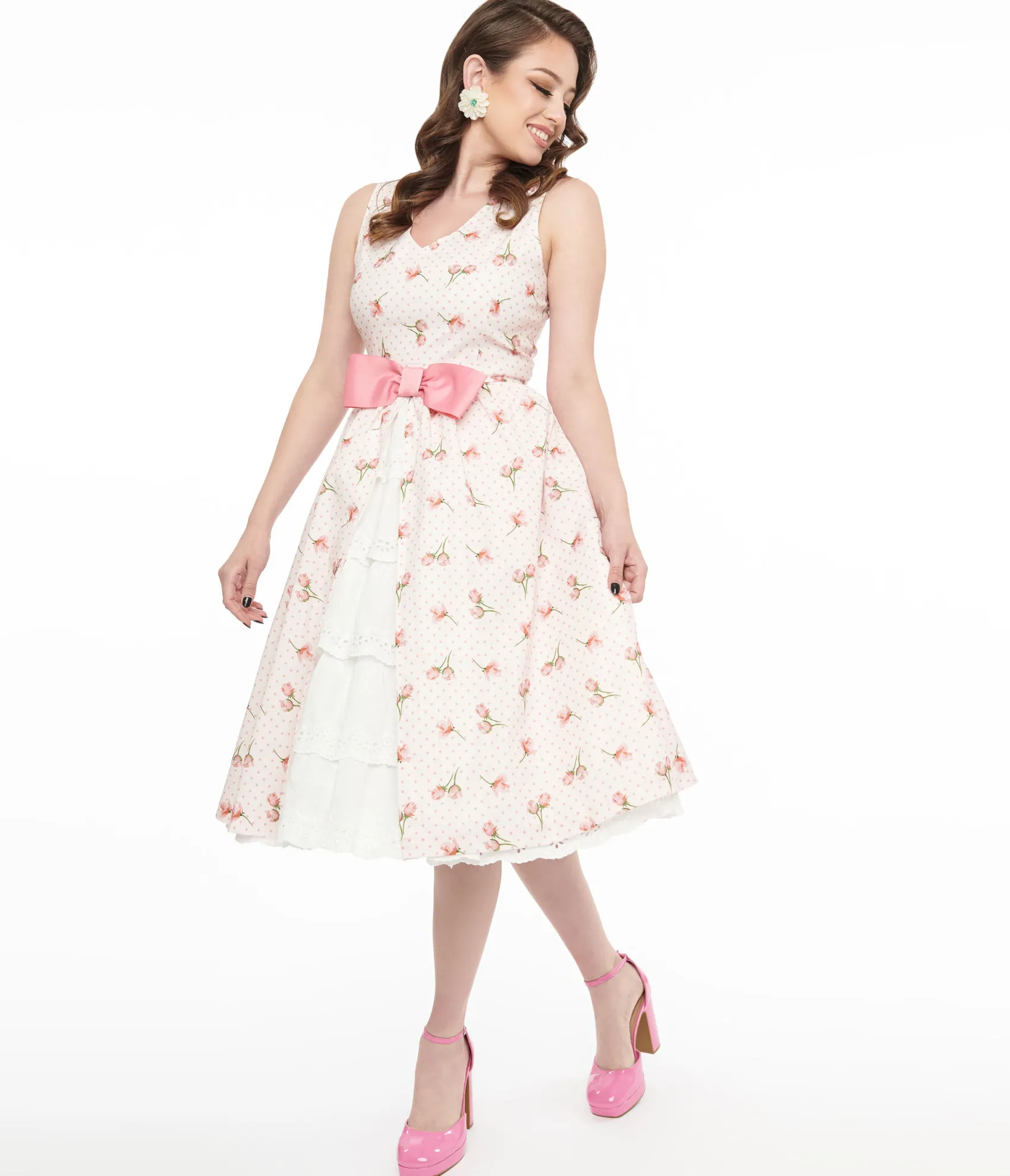 Unique Vintage Barbie x 1960s Pink Rosebud Garden Party Swing Dress Outlet