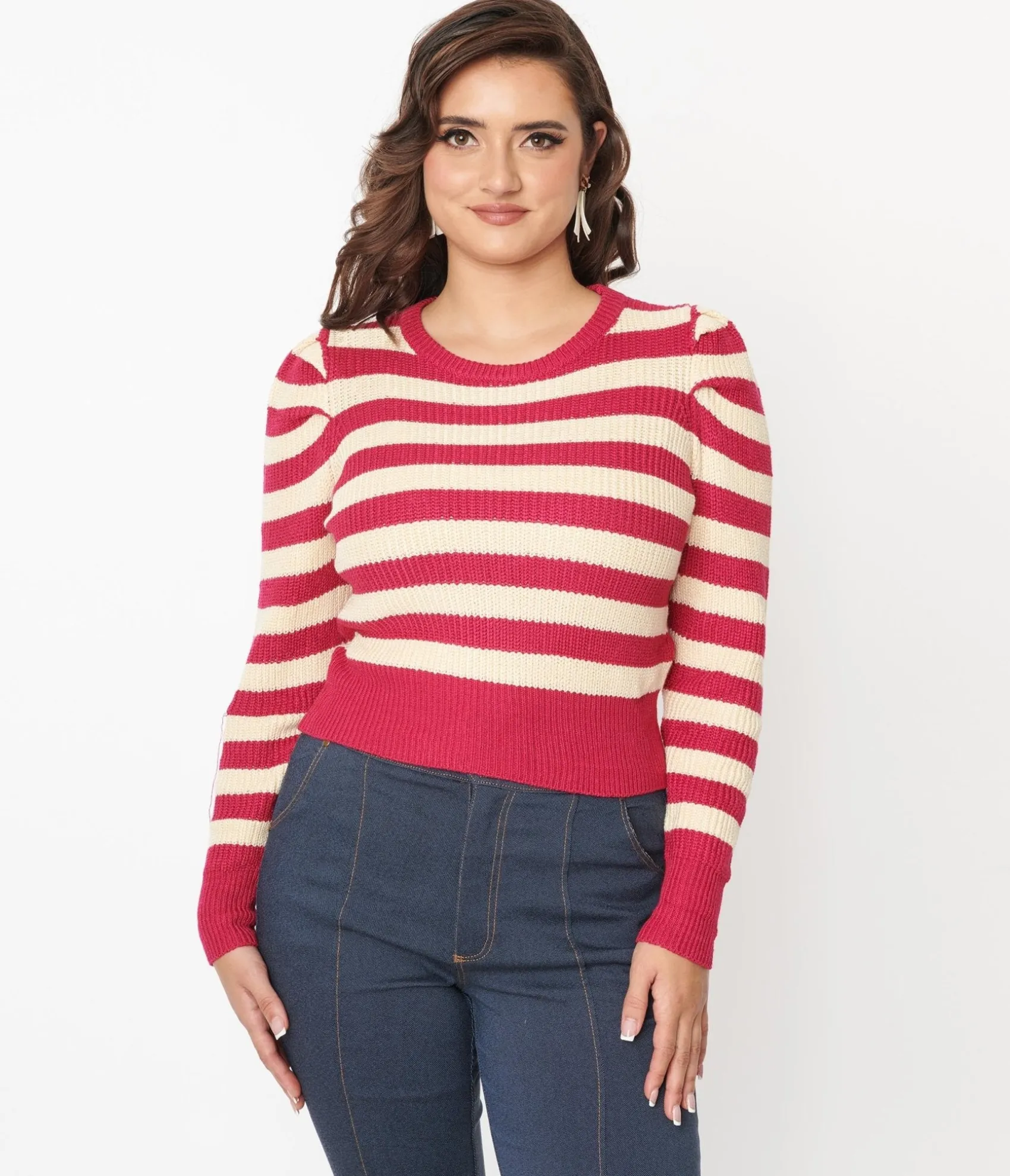 Unique Vintage Berry Pink & Cream Stripe Sweater Best Sale