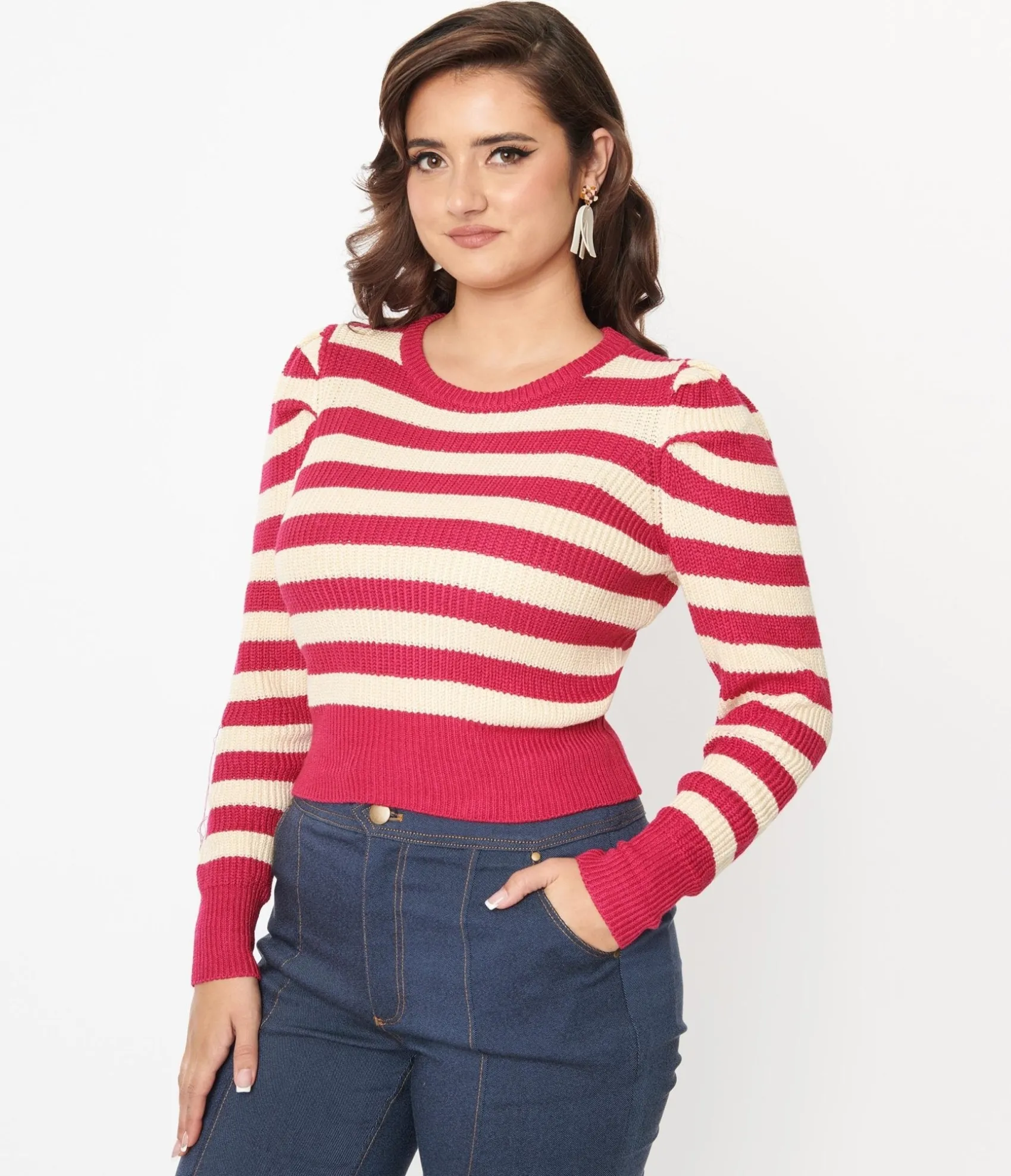 Unique Vintage Berry Pink & Cream Stripe Sweater Best Sale