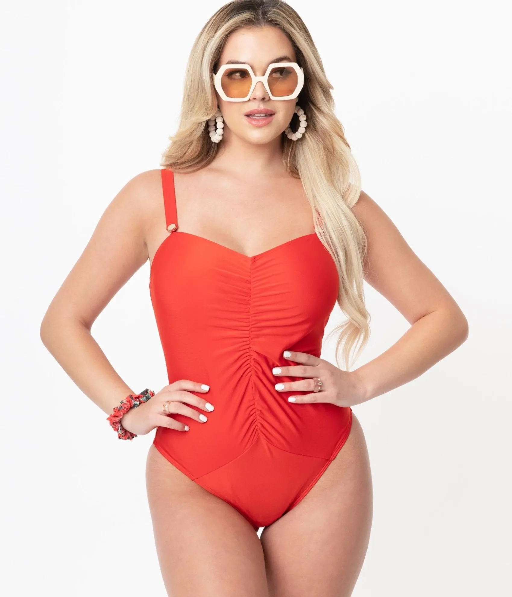 Unique Vintage Bettie Page x Playful Promises Honey Red One Piece Swimsuit Shop