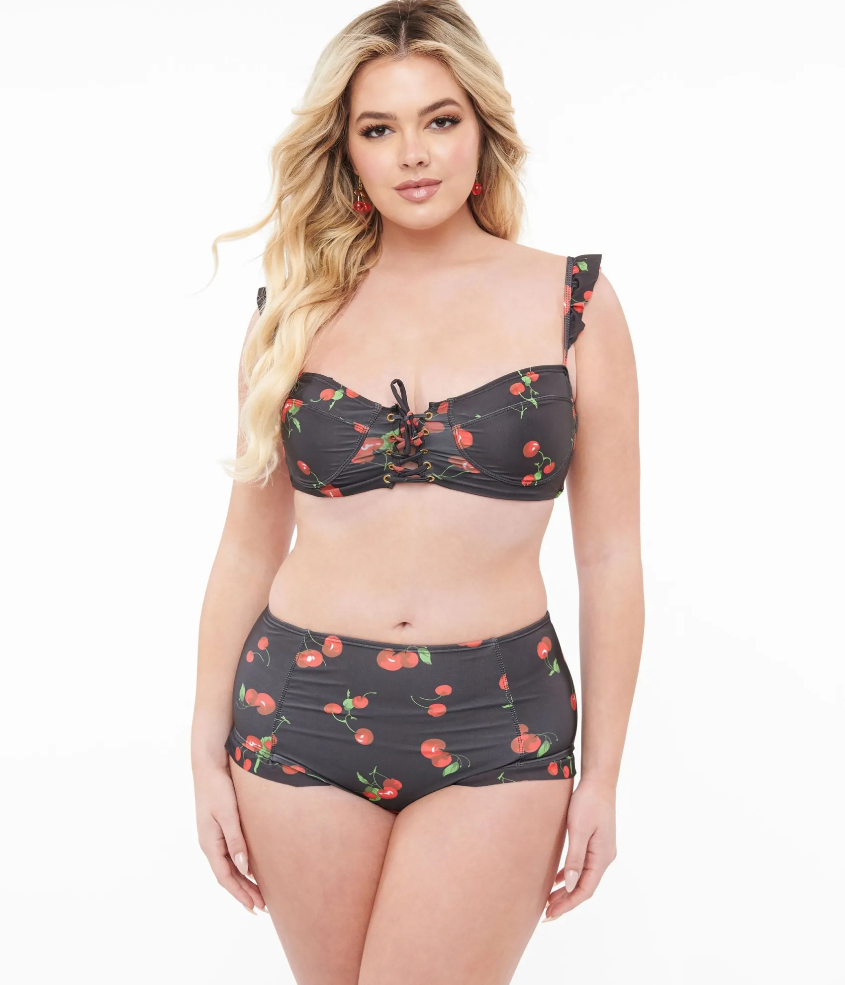 Unique Vintage Black & Cherry Print Two Piece Swim Set Outlet