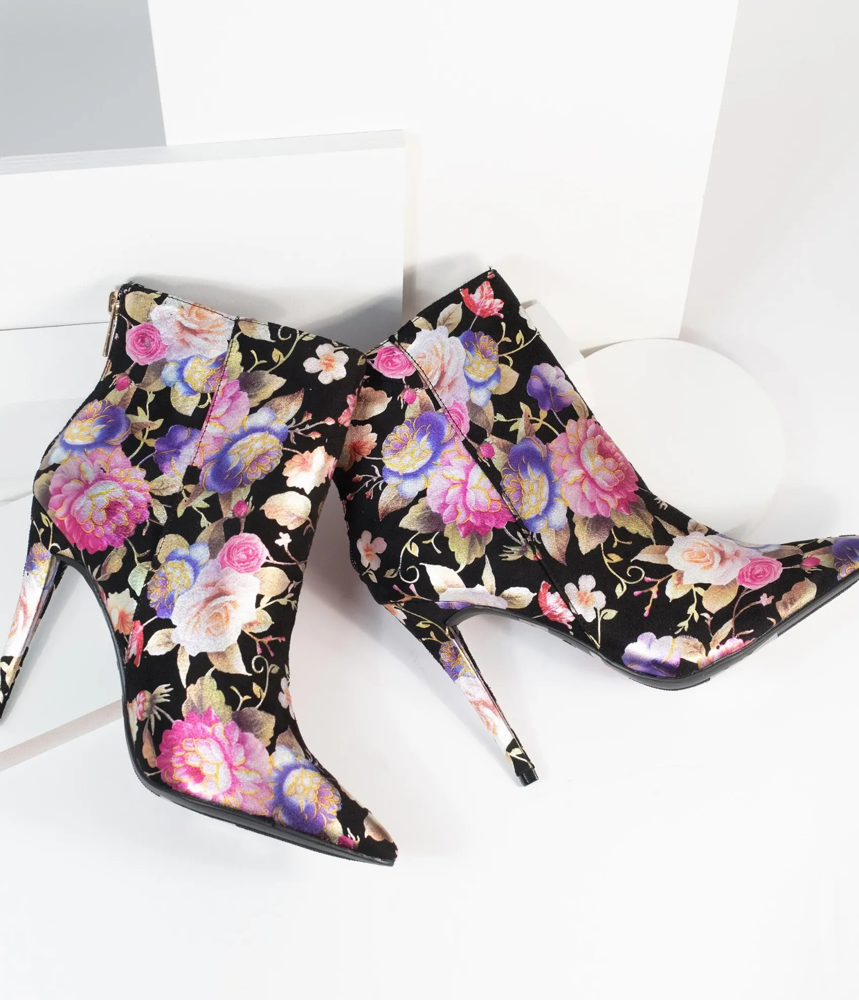 Unique Vintage Black & Gleaming Floral Suede Stiletto Bootie Sale