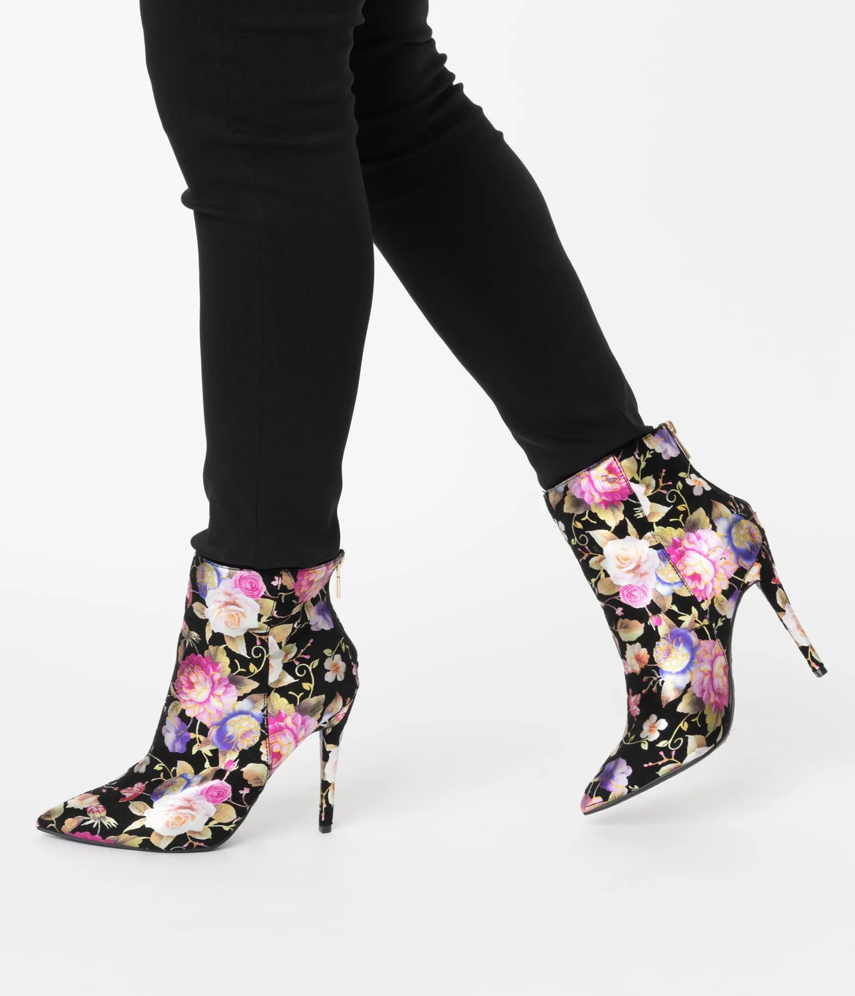 Unique Vintage Black & Gleaming Floral Suede Stiletto Bootie Sale