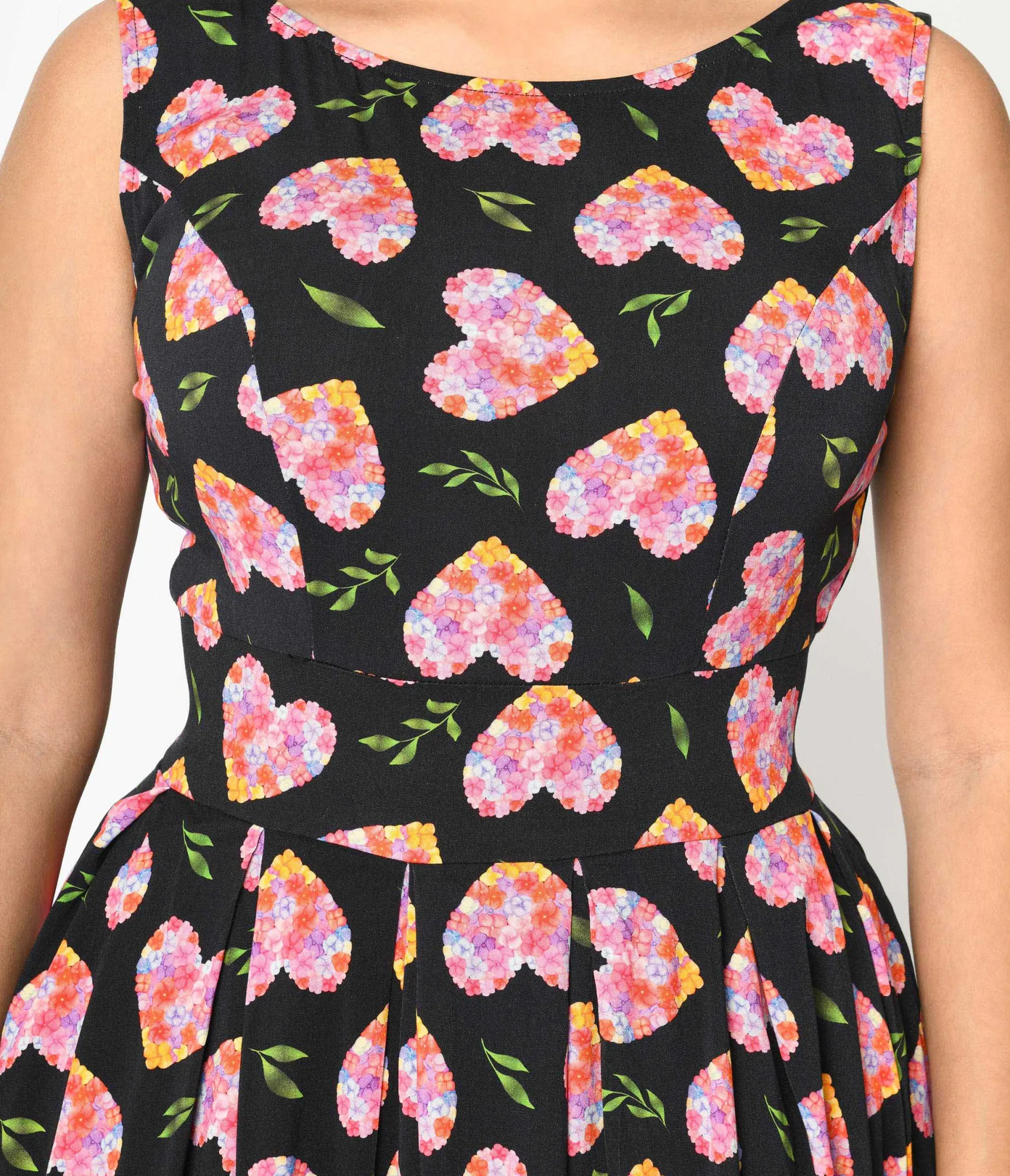 Unique Vintage Black & Multicolor Floral Hearts Swing Dress Flash Sale