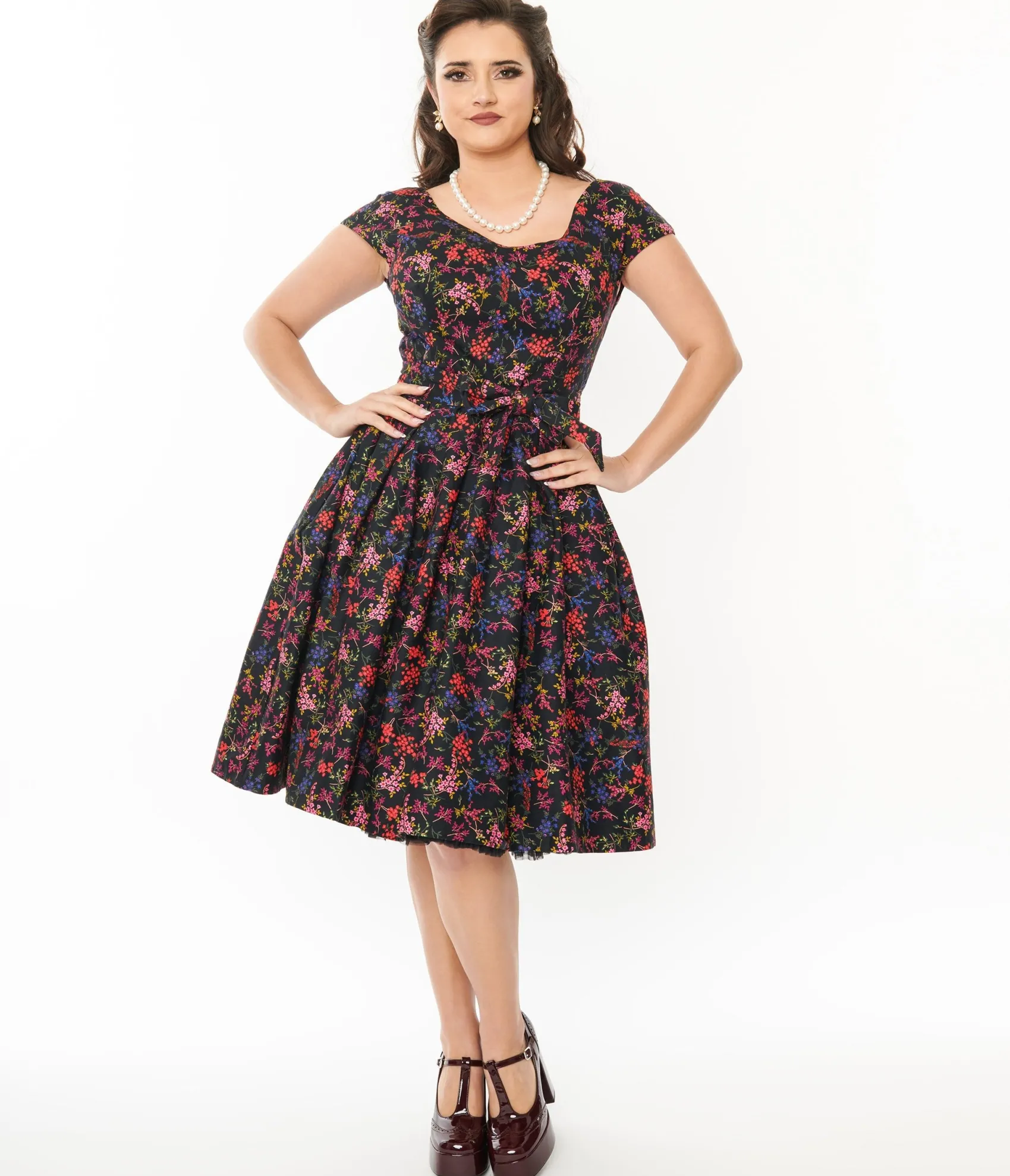 Unique Vintage Black & Multicolor Floral Nova Swing Dress Cheap