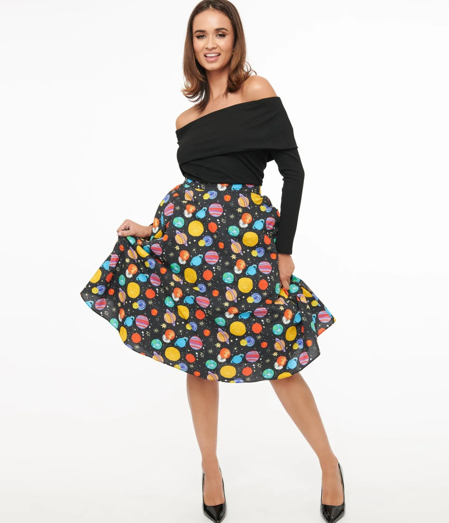 Unique Vintage Black & Multicolor Planets Cotton Skirt New