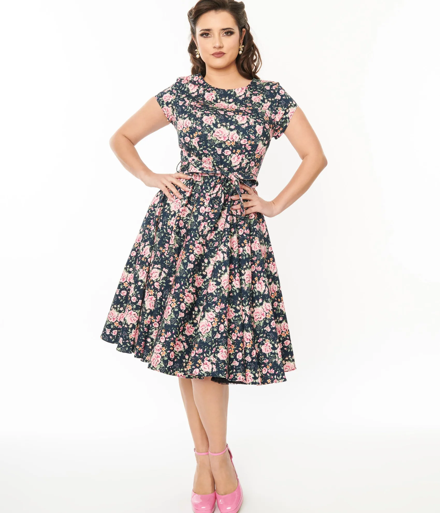 Unique Vintage Black & Pink Floral Cleo Swing Dress Cheap