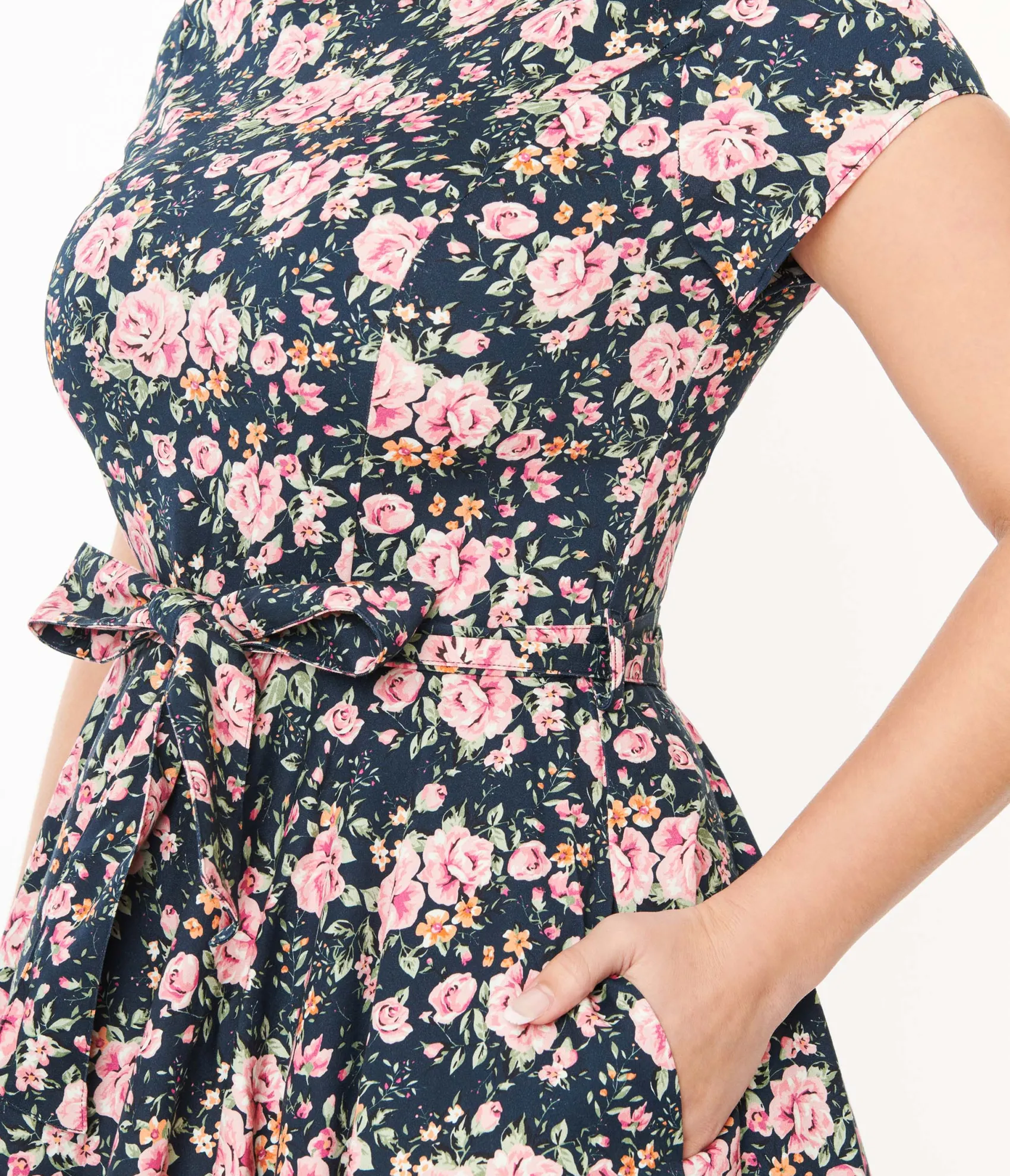 Unique Vintage Black & Pink Floral Cleo Swing Dress Cheap