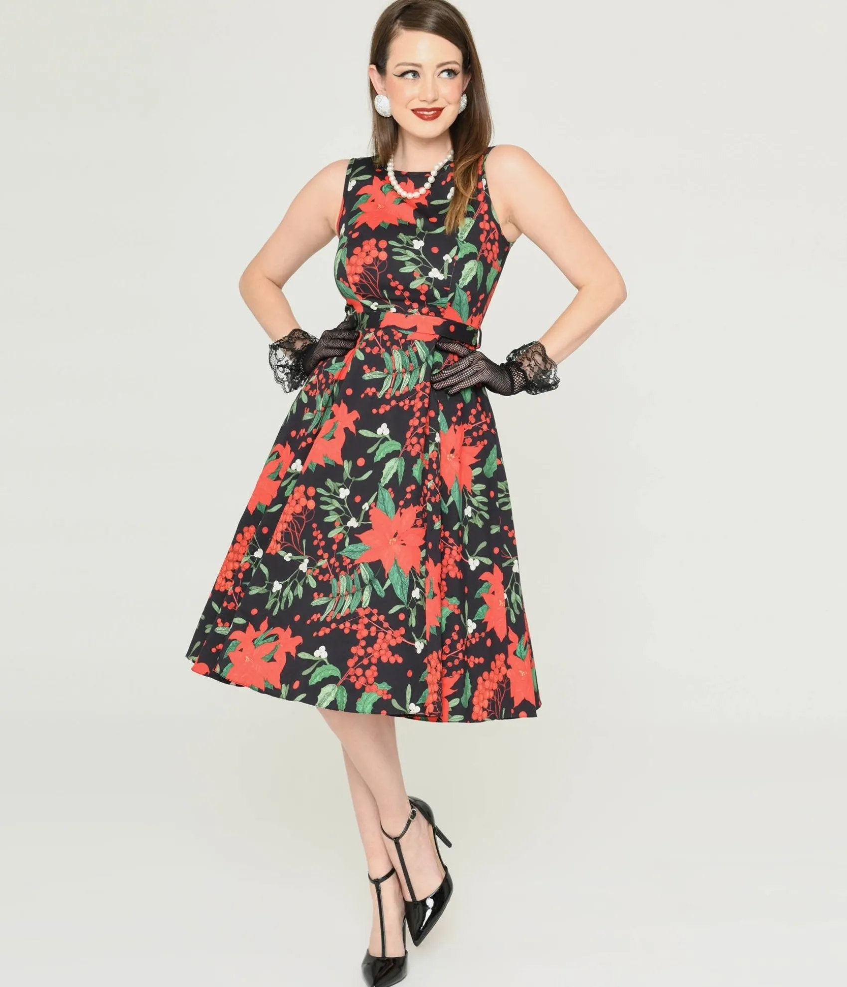 Unique Vintage Black & Red Poinsettia Swing Dress Best Sale