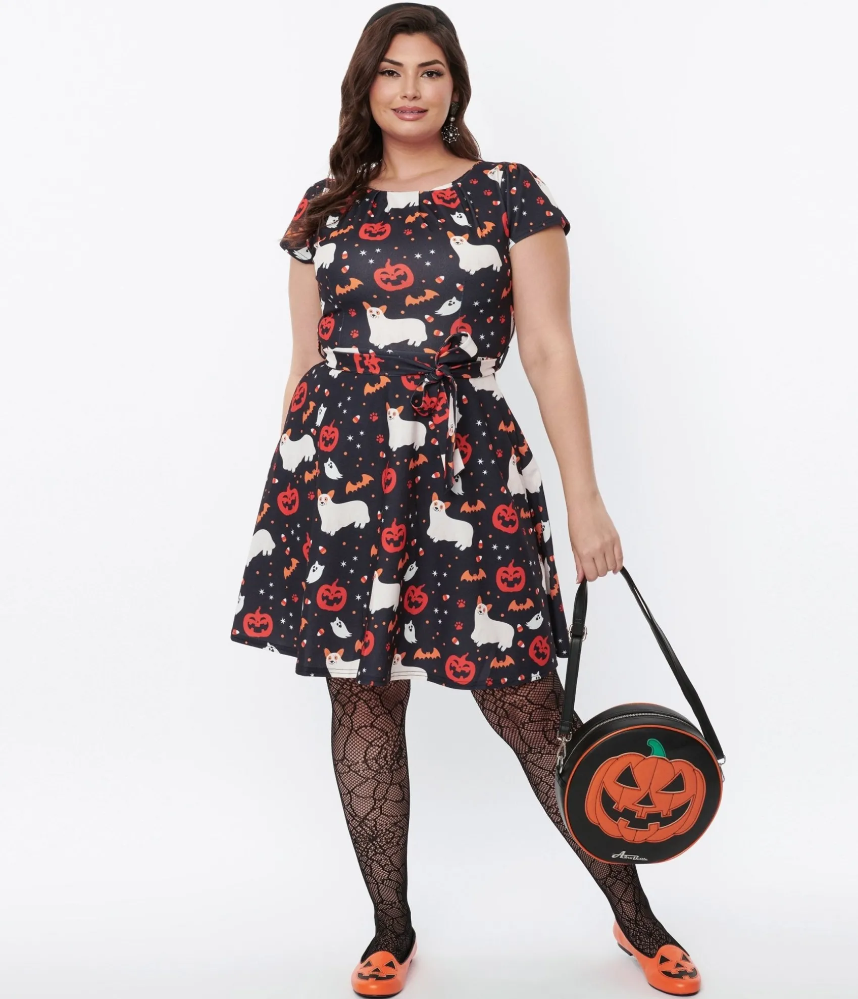 Unique Vintage Black & Spooky Ghost Dog Flare Dress Clearance