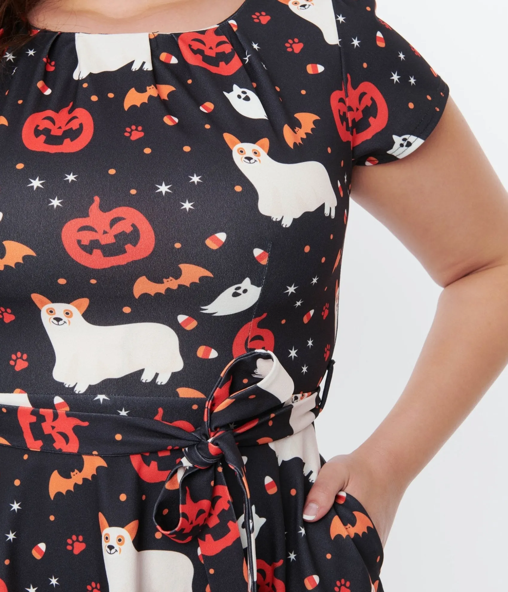 Unique Vintage Black & Spooky Ghost Dog Flare Dress Clearance