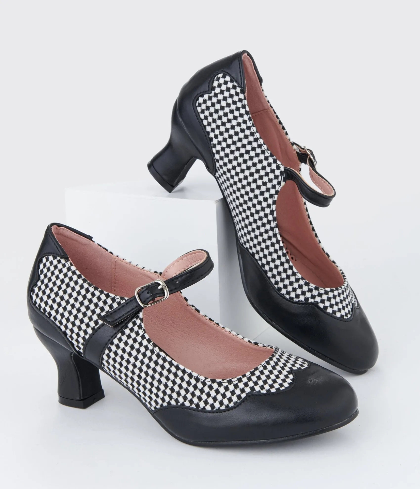Unique Vintage Black & White Check Mary Jane Heels Fashion