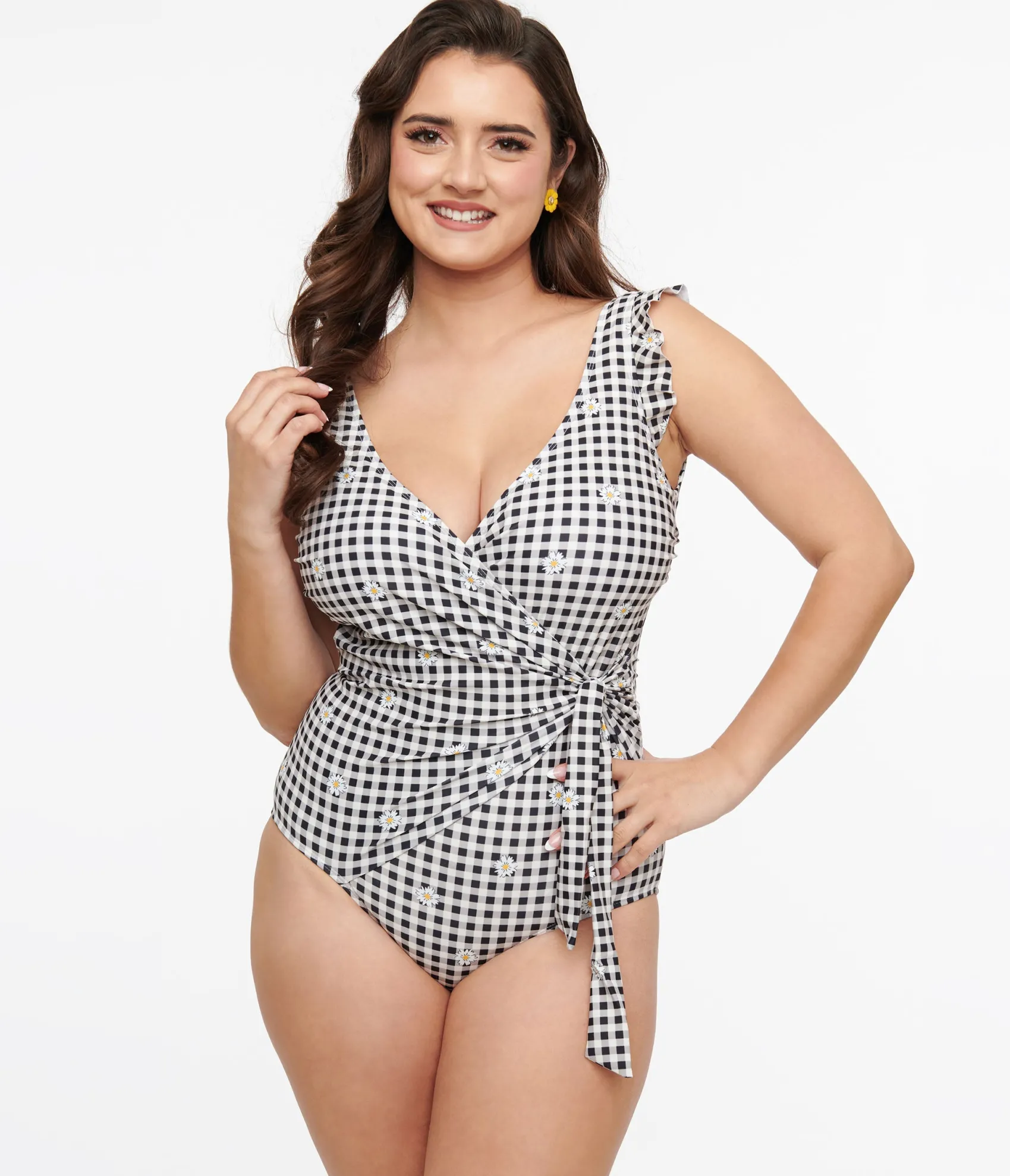 Unique Vintage Black & White Daisy Gingham Wrap One Piece Swimsuit New