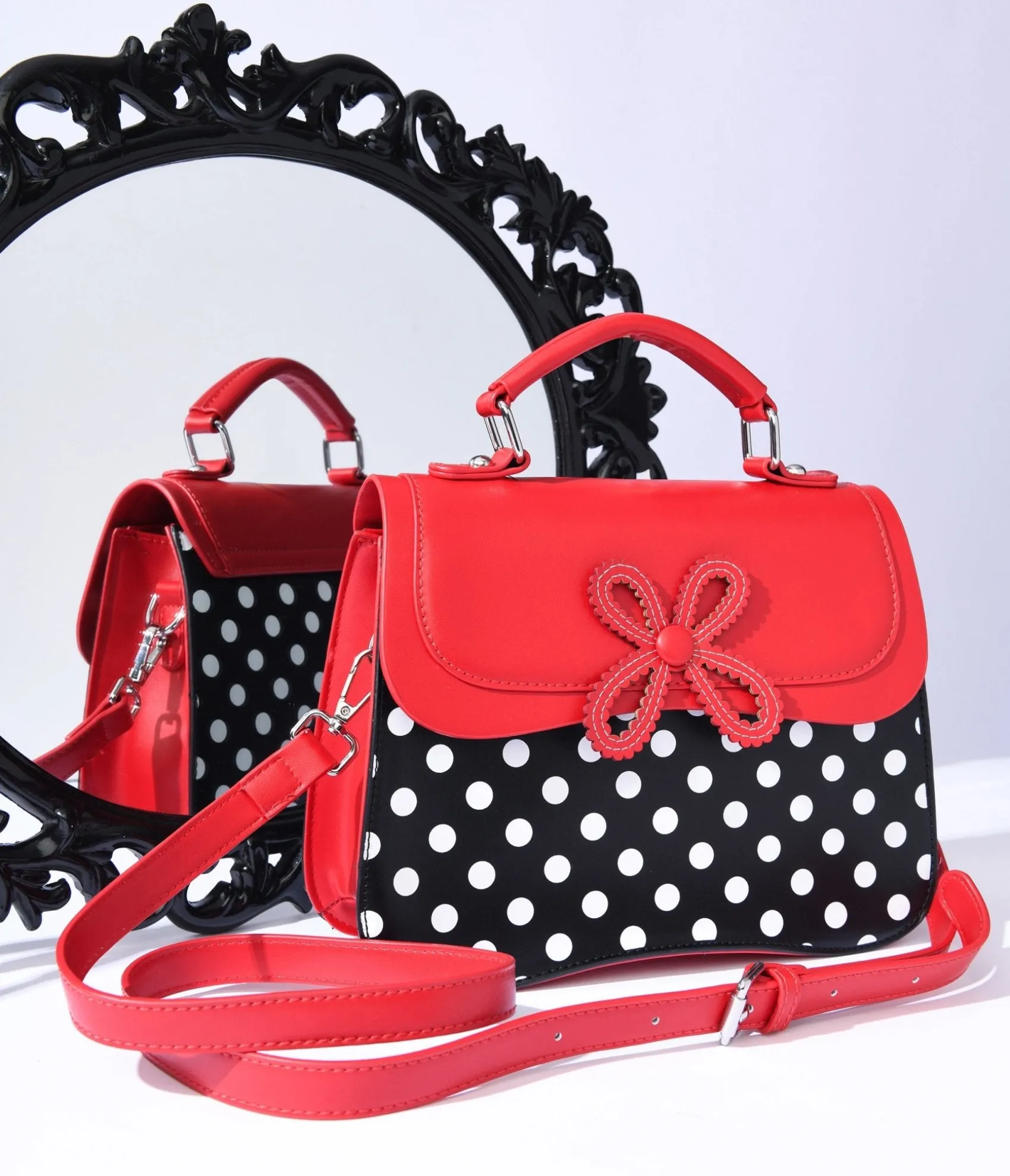 Unique Vintage Black & White Dot & Red Accented Leatherette Handbag New