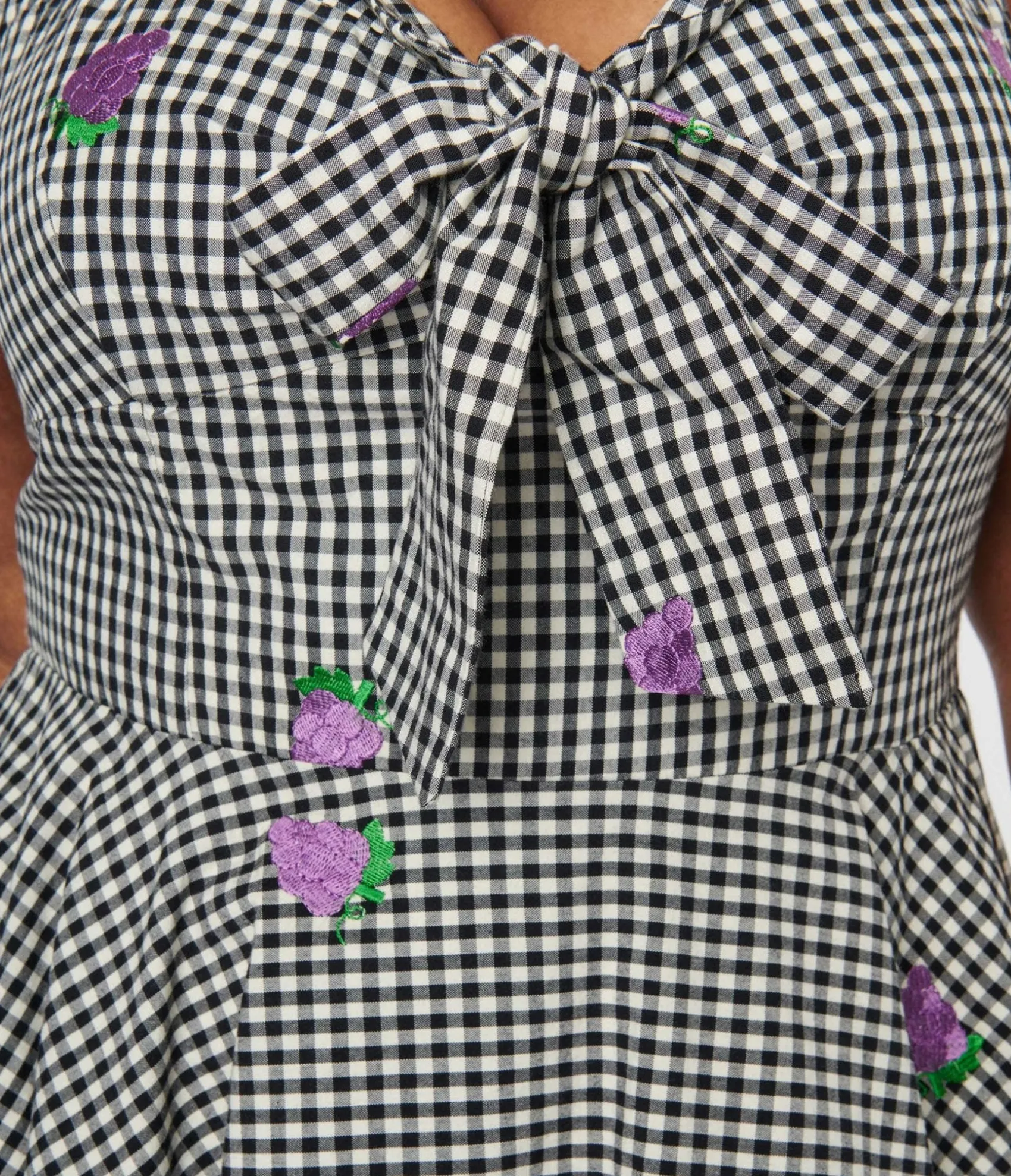 Unique Vintage Black & White Gingham Grape Embroidered Halter Swing Dress Cheap