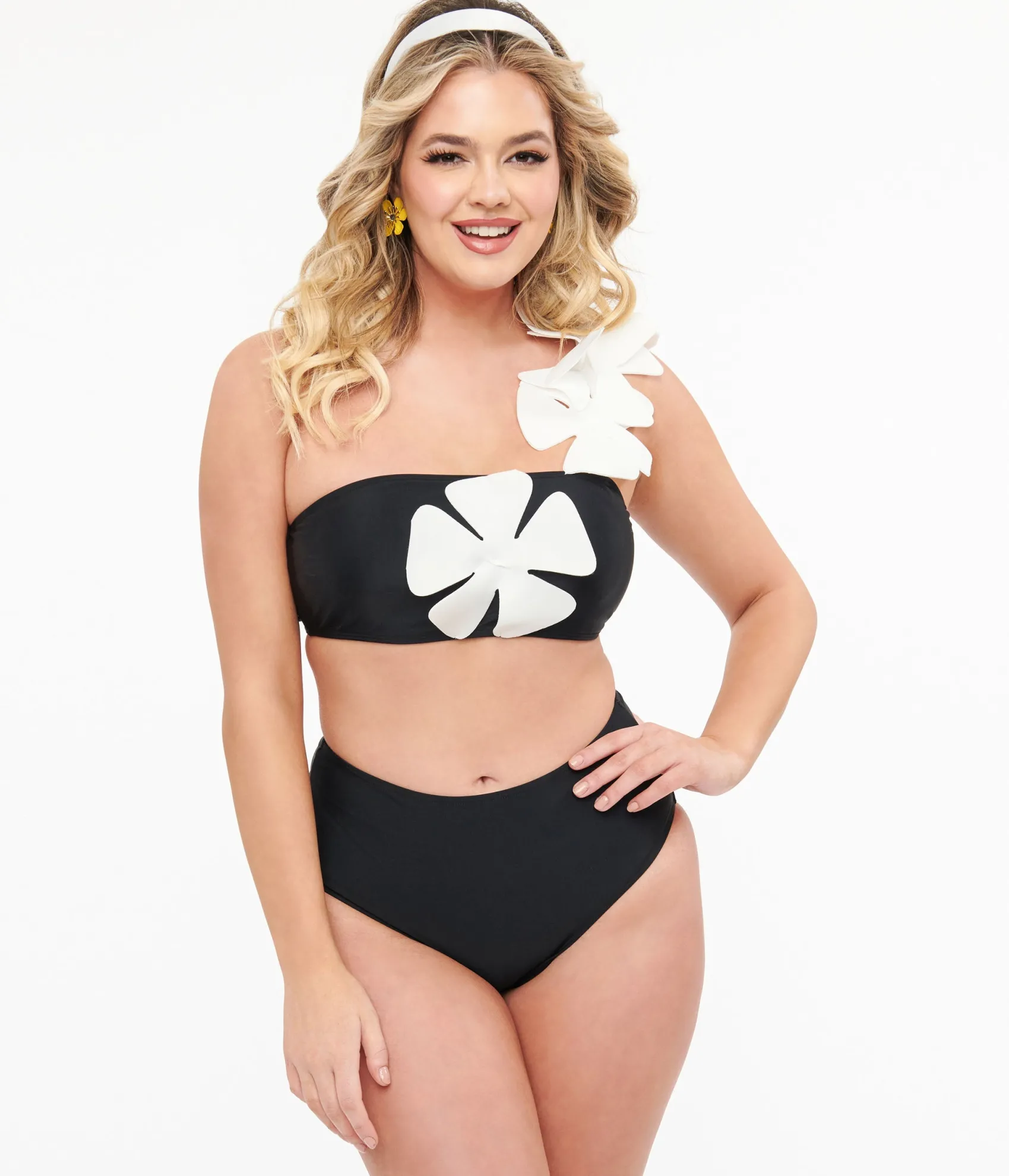 Unique Vintage Black & White One Shoulder Flower Two Piece Swim Set Online