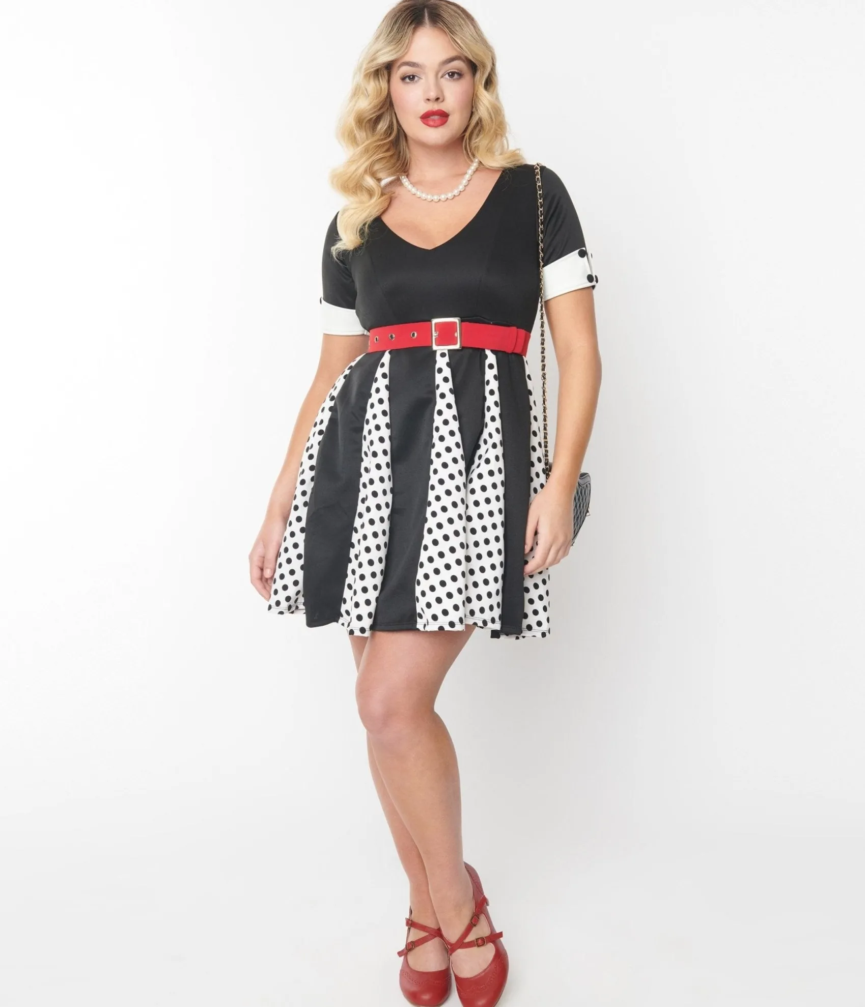 Unique Vintage Black & White Polka Dot Godet Dress Store