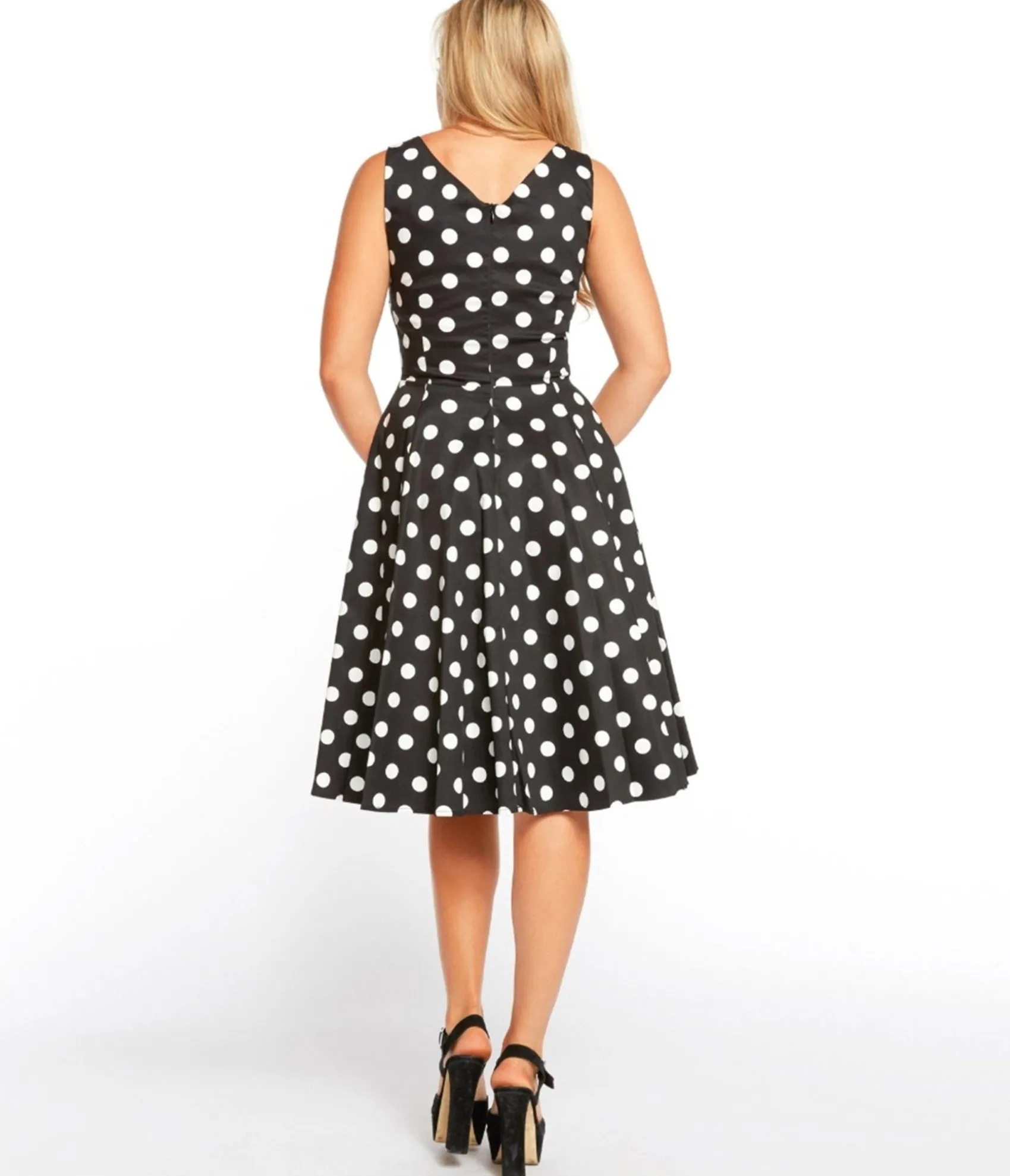 Unique Vintage Black & White Polka Dot Sleeveless Swing Dress Store