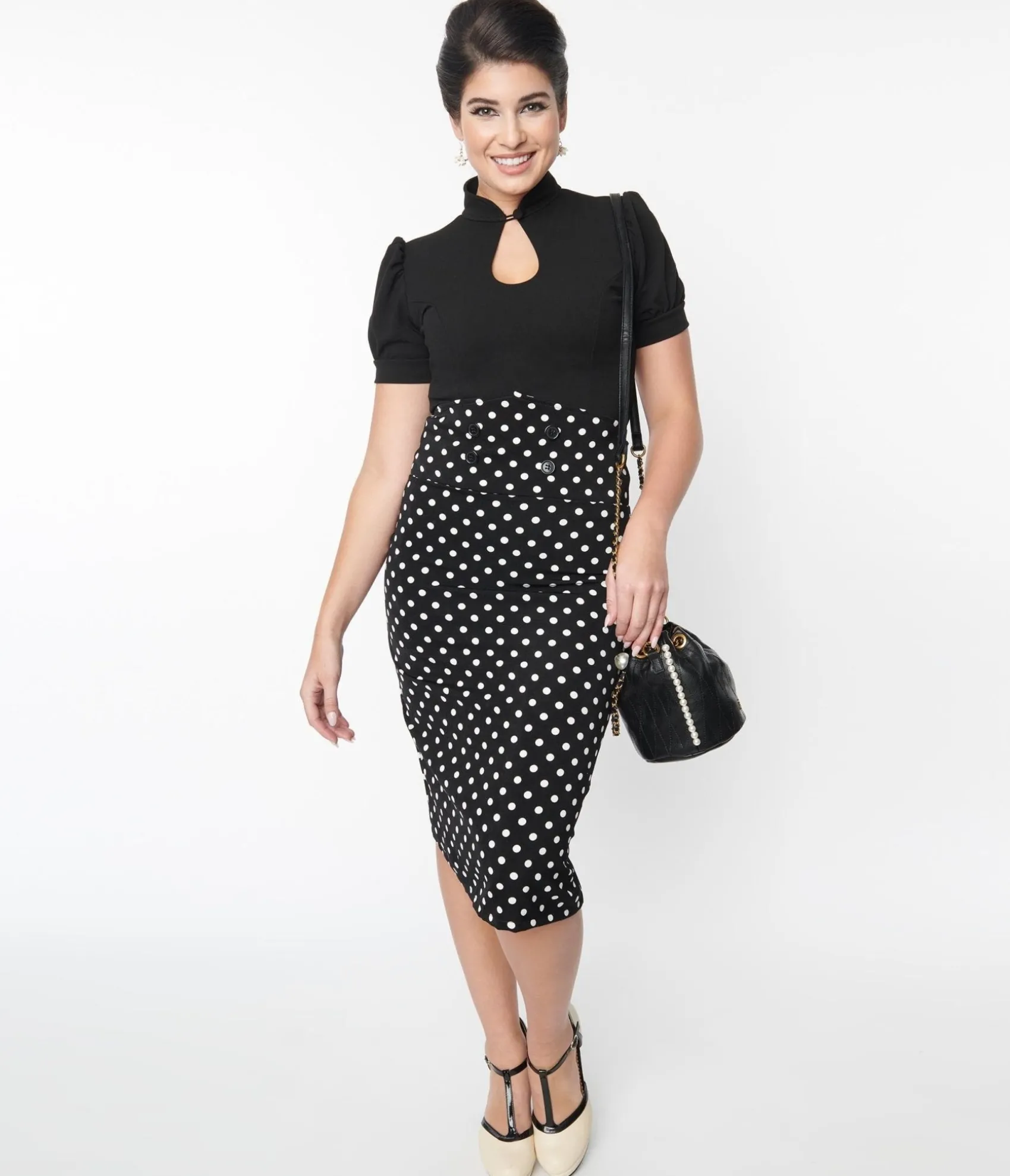 Unique Vintage Black & White Polka Dot Wiggle Skirt Flash Sale