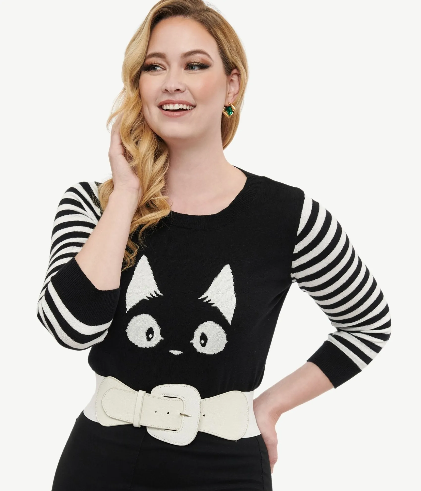 Unique Vintage Black & White Stripe Knit Kitty Sweater Best Sale