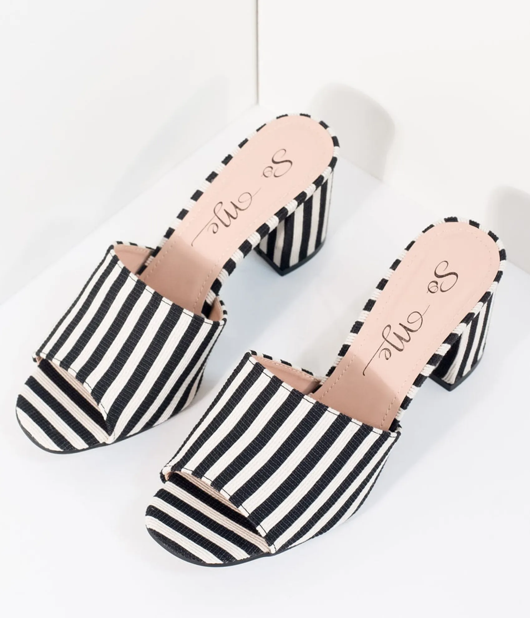 Unique Vintage Black & White Stripe Woven Peep Toe Mule Heels Outlet