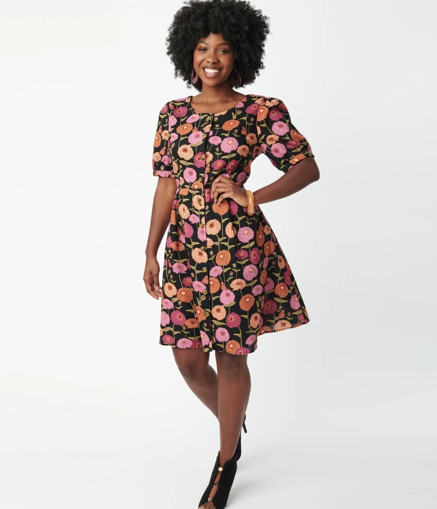 Unique Vintage Black & Zinnia Floral Fit & Flare Dress Outlet