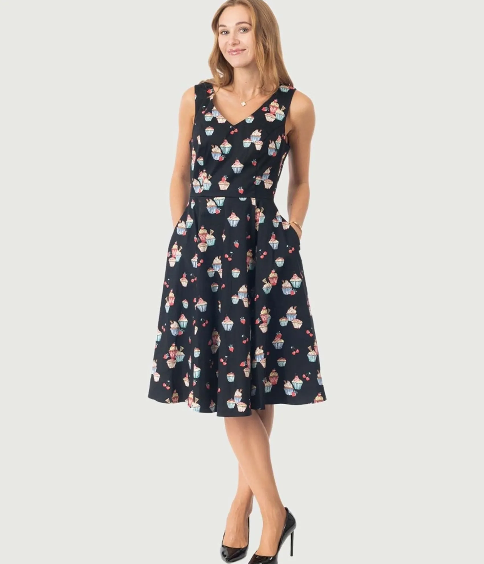 Unique Vintage Black Cupcake Print Swing Dress Flash Sale