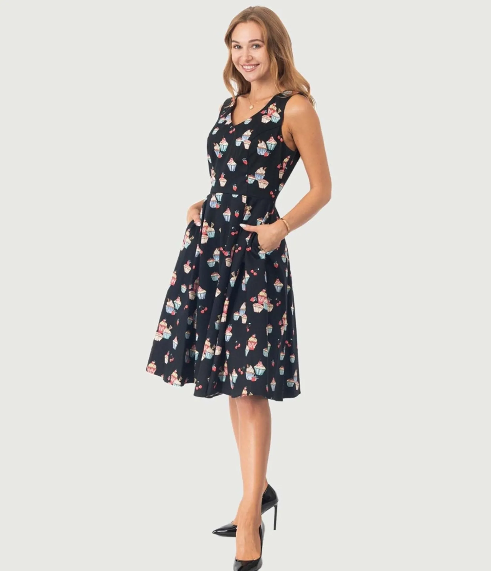 Unique Vintage Black Cupcake Print Swing Dress Flash Sale