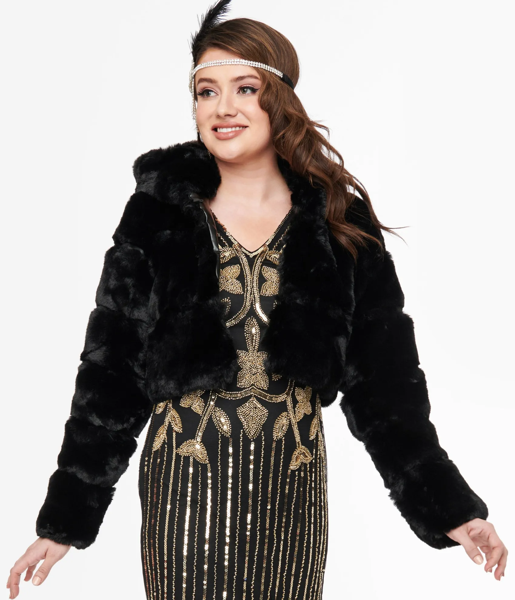 Unique Vintage Black Faux Fur Puffer Crop Jacket Discount