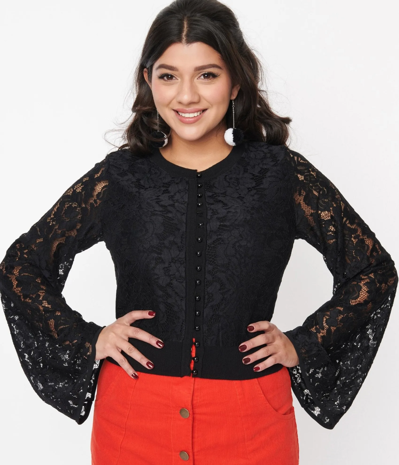 Unique Vintage Black Floral Lace Bell Sleeve Cardigan Best Sale