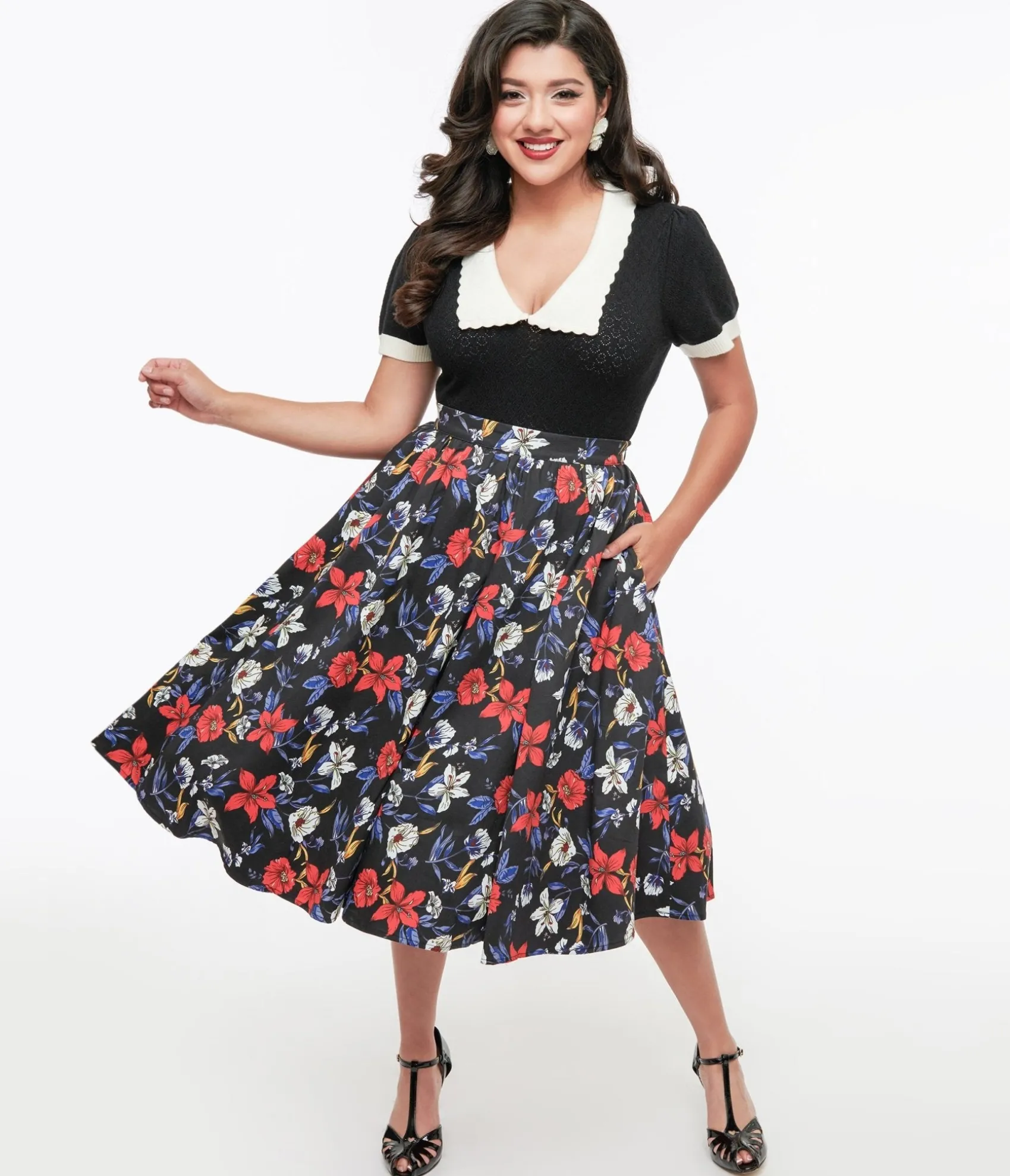 Unique Vintage Black Floral Print Milly Swing Skirt Store