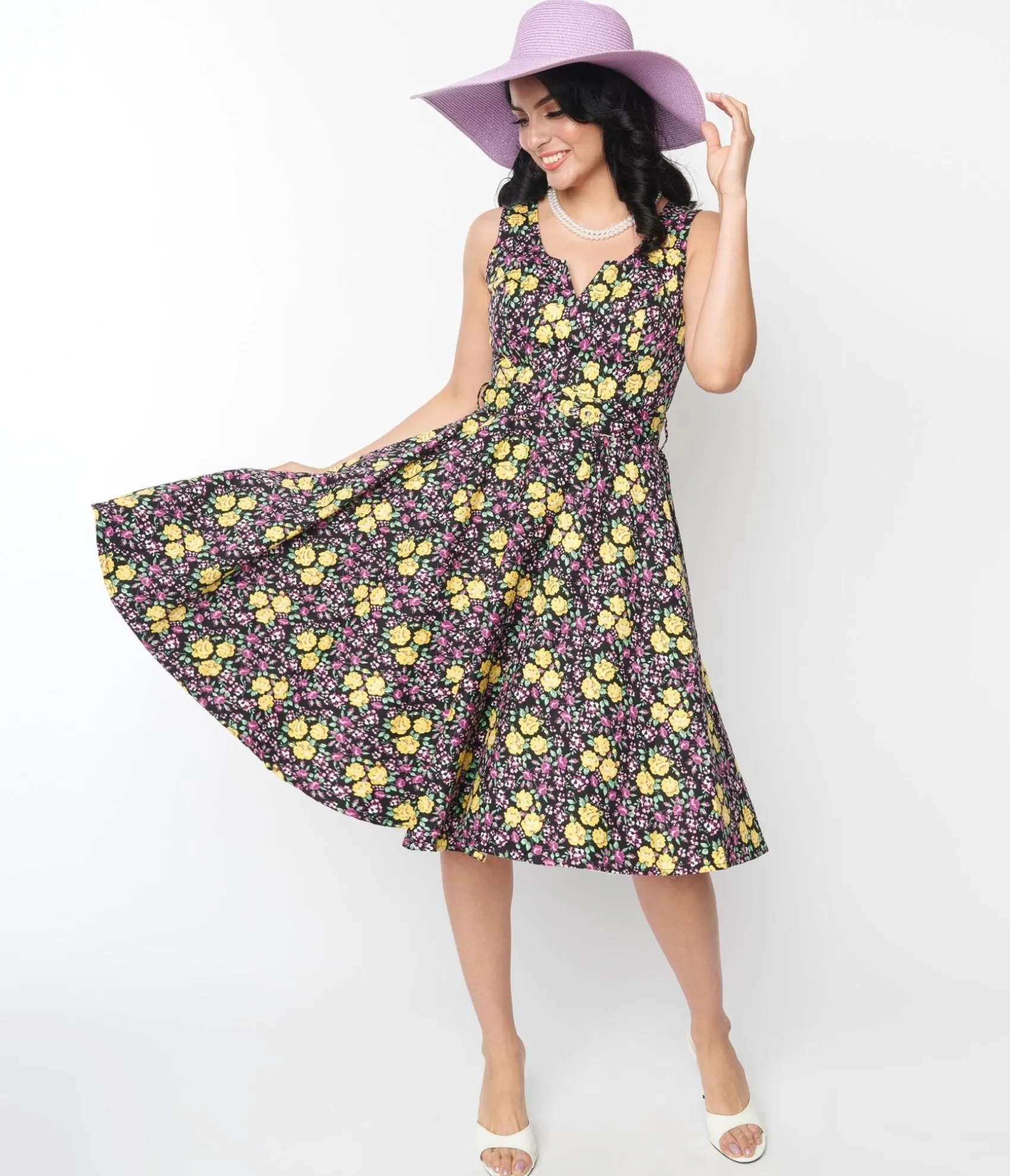 Unique Vintage Black Floral Ria Swing Dress Cheap