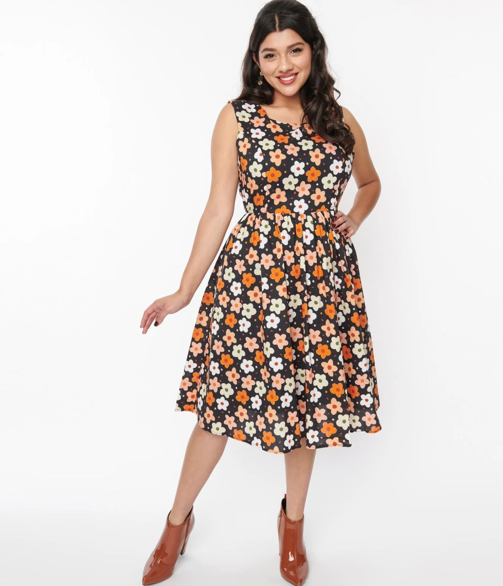 Unique Vintage Black Multicolor Ditsy Floral Swing Dress Online
