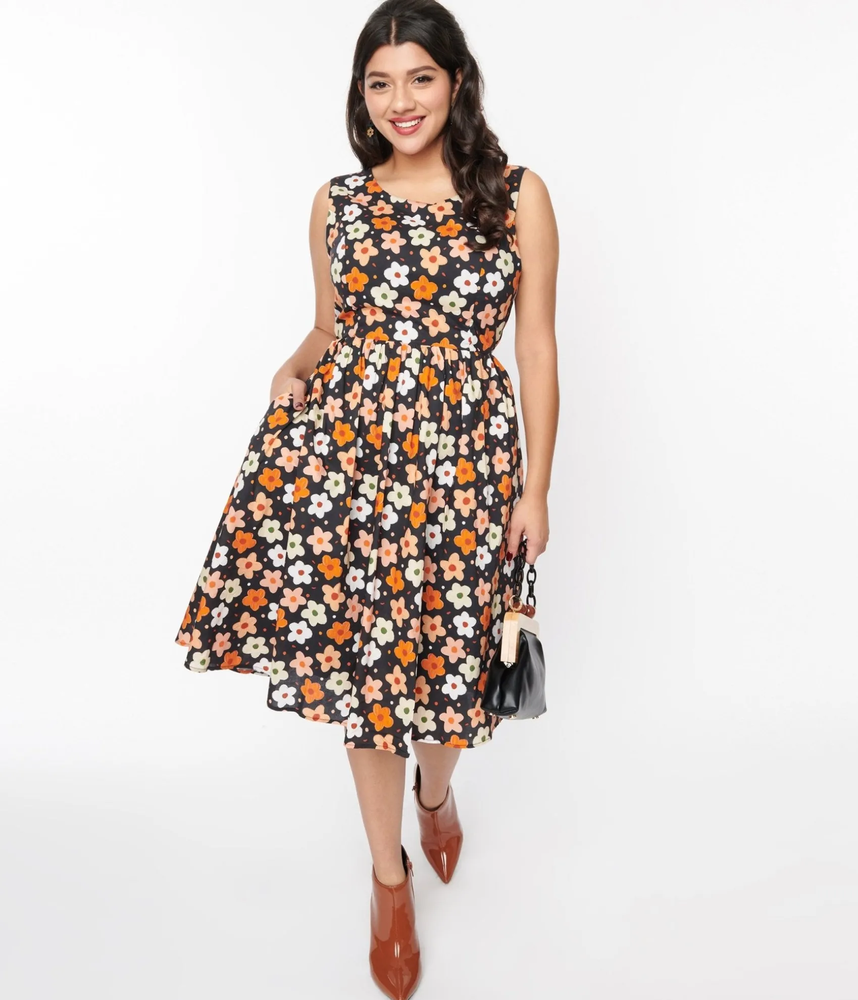 Unique Vintage Black Multicolor Ditsy Floral Swing Dress Online