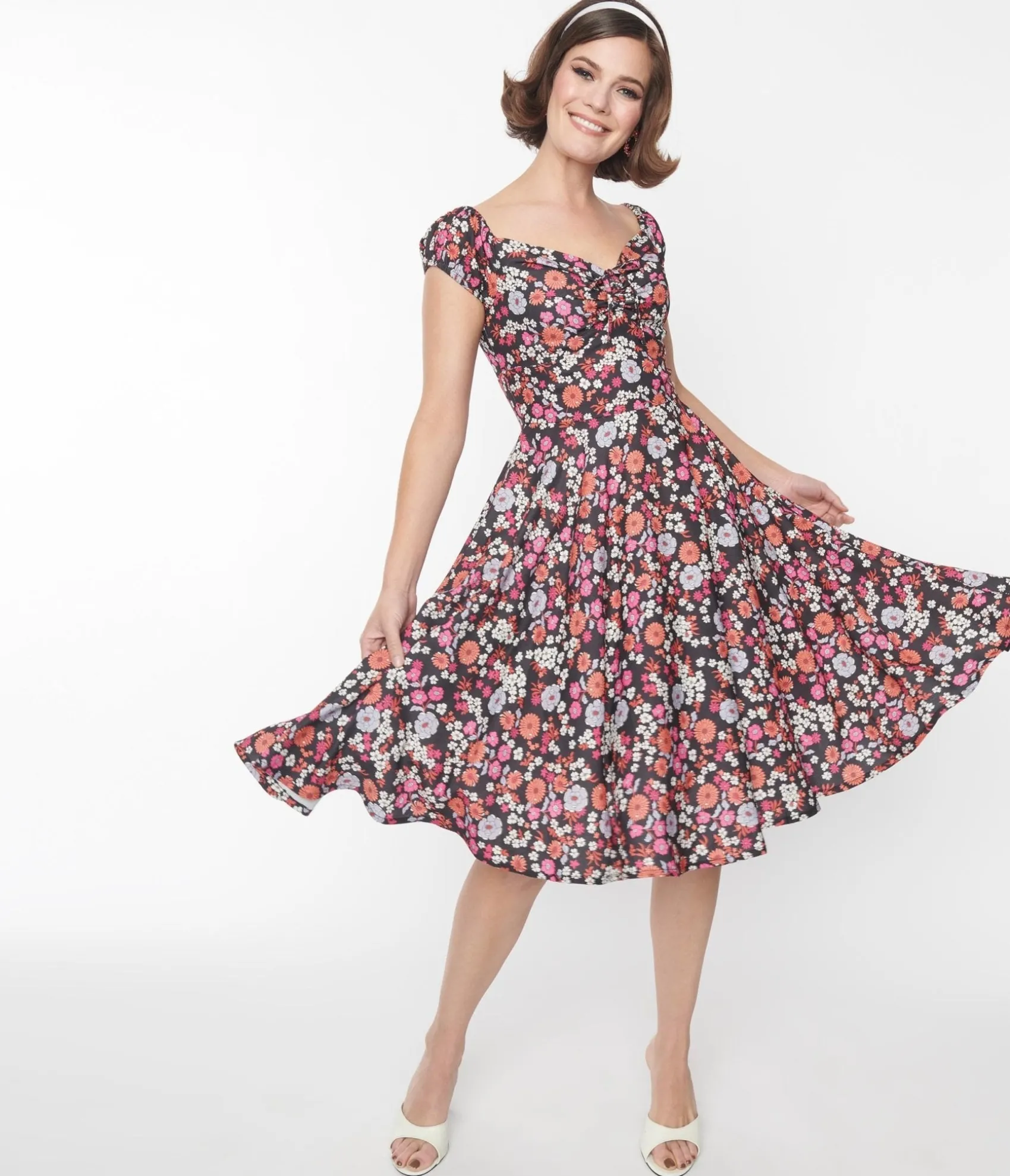 Unique Vintage Black Multicolor Floral Sophia Swing Dress Cheap